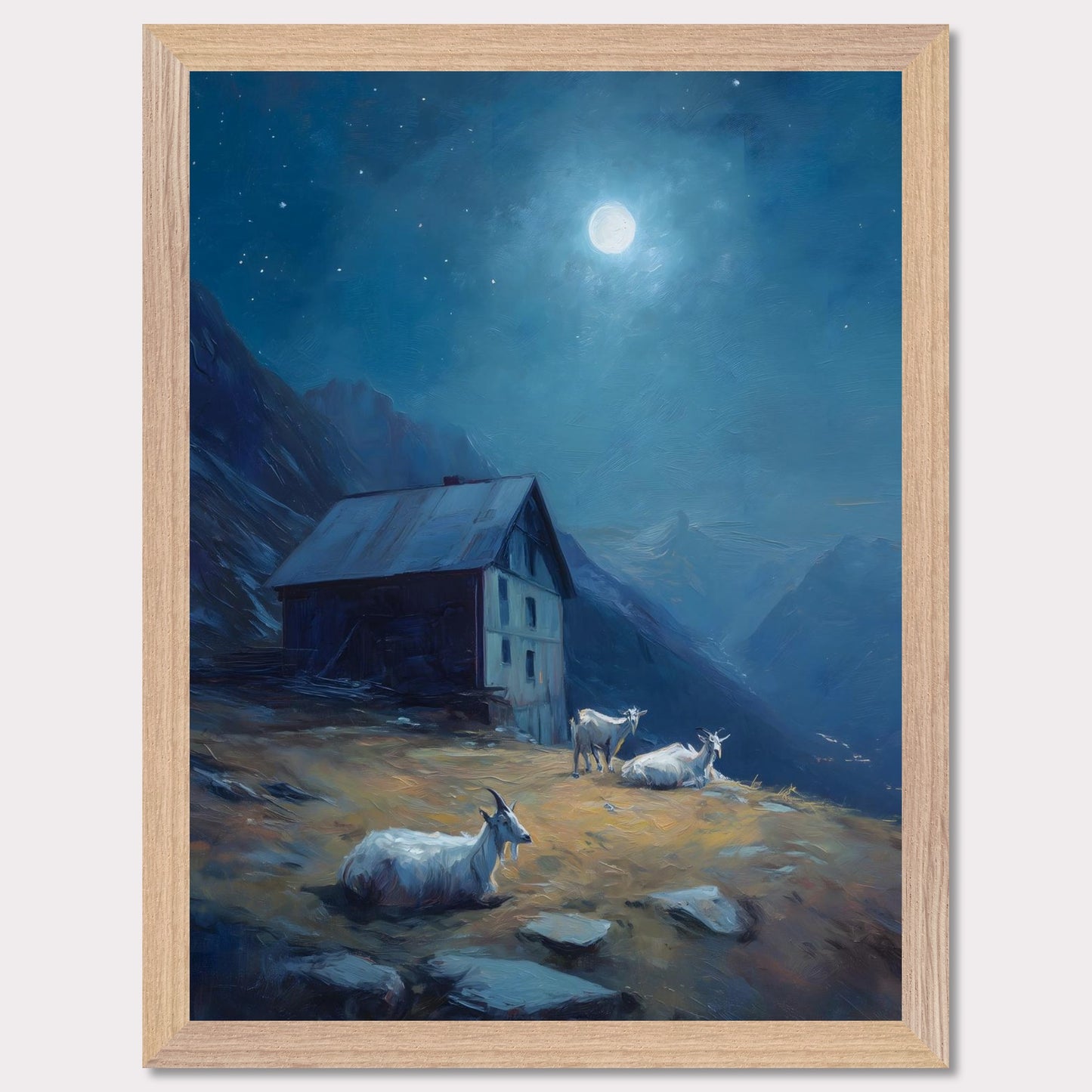Under a deep blue sky scattered with stars, a mountain slope glows with soft amber light. Goats roam quietly near a rustic alpine hut. This is a portrait of calm routine under a grand sky — both humble and cosmic.