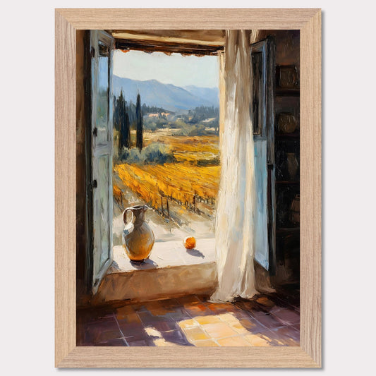 An open shutter reveals golden rows of vineyard glowing in afternoon light. A jug and fruit rest on the sill, as if waiting for someone to return. This image is a sunlit breath, an ode to harvest, pause, and place.