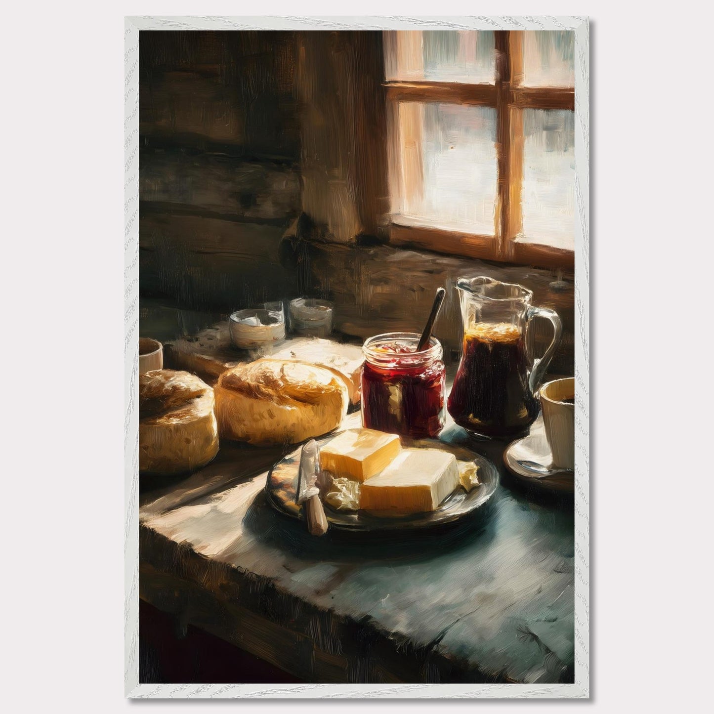 A rustic table holds fresh bread, butter, jam, and coffee beside a glowing window. Steam rises gently from the cup. This image is a quiet start, an ode to taste, ritual, and comfort.
