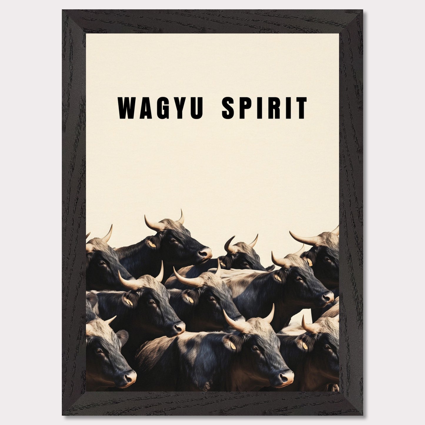 This illustration shows a group of black cattle with horns, set against a light background. The text "WAGYU SPIRIT" is prominently displayed at the top.
This poster will fit well in a kitchen, dining area, restaurant, or any space related to food and culinary arts.