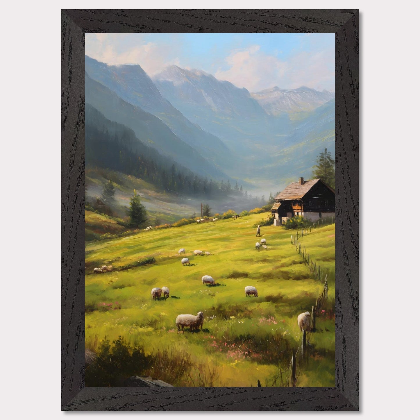 Golden morning light washes over rolling fields as sheep wander freely. A traditional alpine house stands quietly, facing the rising mist among distant peaks. This is the beginning of a calm, purposeful day in the heart of the Alps.