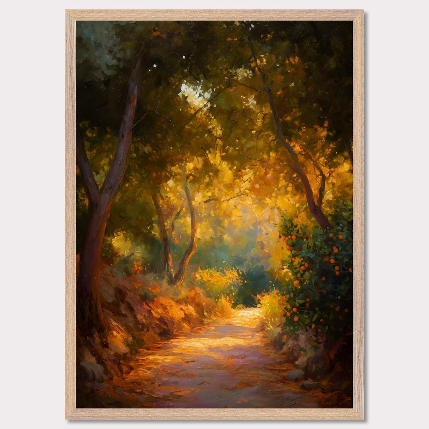 Golden leaves and oranges glow in a forested bend, where light pours through branches onto a dusty path. The trees seem to lean in to listen. This image is a slow walk, an ode to scent, light, and memory.