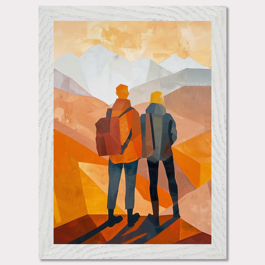 This illustration depicts two figures standing side by side, gazing at a mountainous landscape.
This poster would fit well in a living room, hallway, office, or any space that benefits from artistic and inspirational decor.
