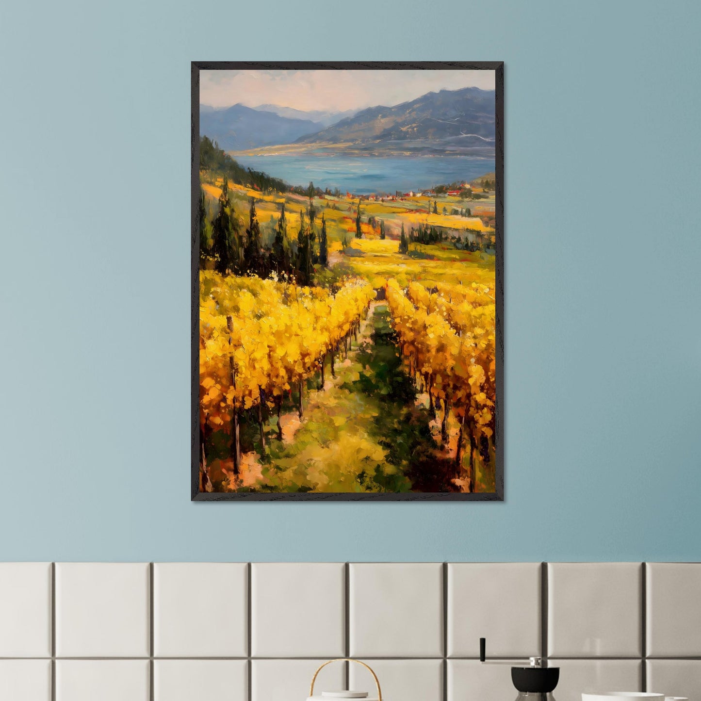 A row of sunlit grapevines leads into rolling fields above the lake. Cypress trees and red roofs add rhythm to the patchwork. This image is a painter’s geometry, an ode to land, season, and order.