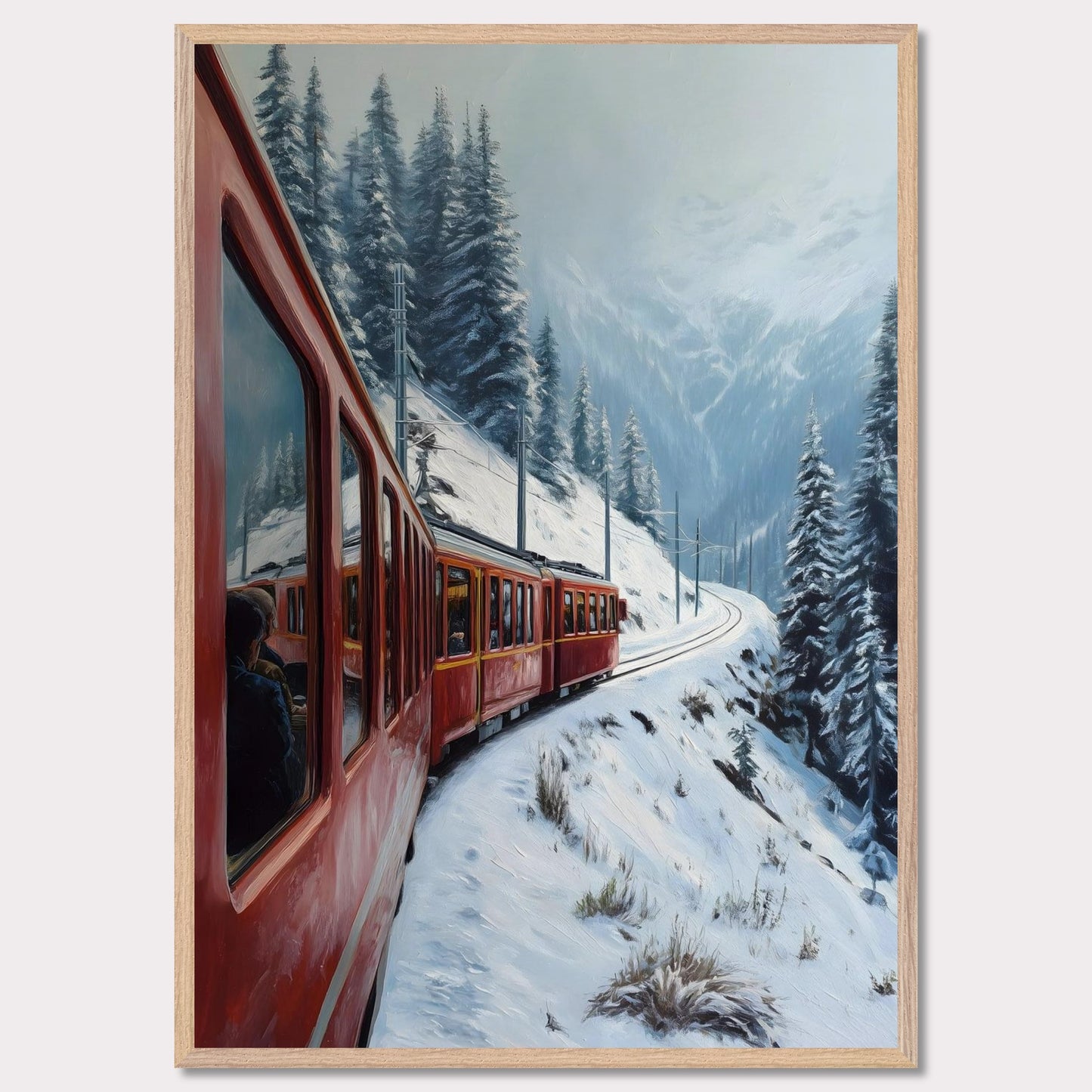 A red alpine train rounds a snow-covered bend, threading between pine-clad slopes and winter valleys. Reflections in the windows hint at warm journeys through a frozen world. This image hums with motion and memory — an homage to travel, contrast, and time.