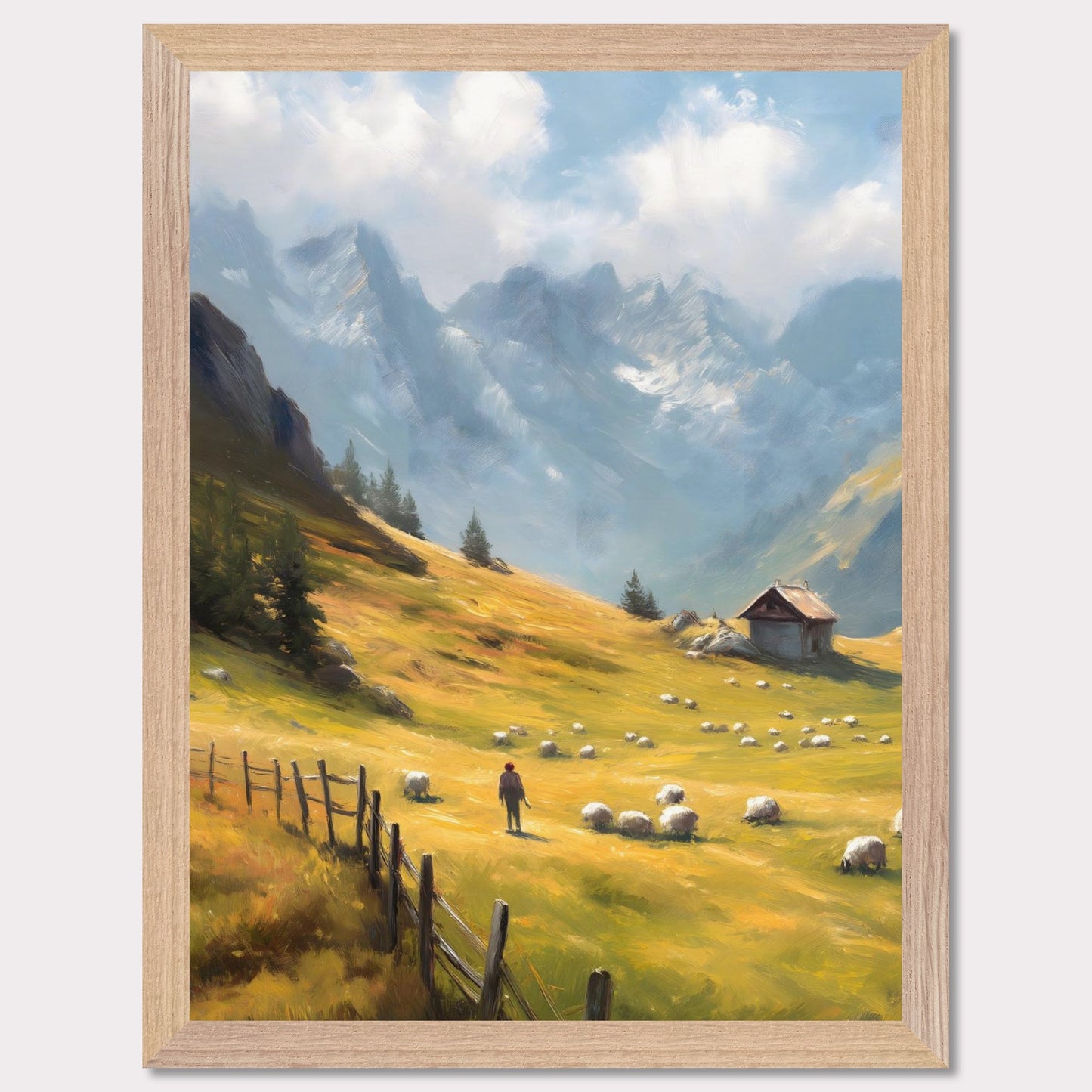 A shepherd tends his flock in a golden mountain pasture, surrounded by dramatic peaks and old-world charm. The wooden fence and cabin speak of a slower, enduring lifestyle. Bathed in warm light, this image transports viewers to a timeless Alpine morning.