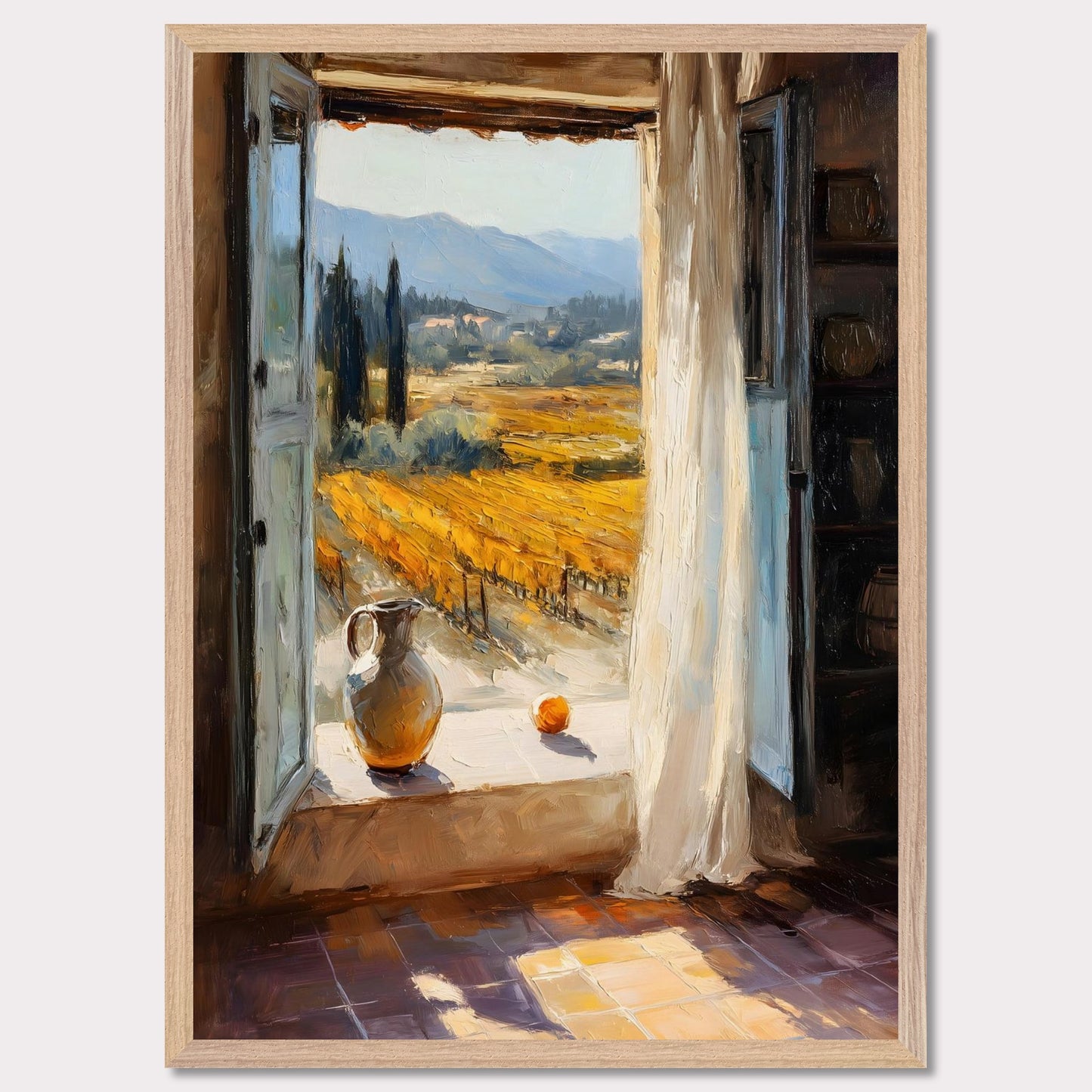 An open shutter reveals golden rows of vineyard glowing in afternoon light. A jug and fruit rest on the sill, as if waiting for someone to return. This image is a sunlit breath, an ode to harvest, pause, and place.