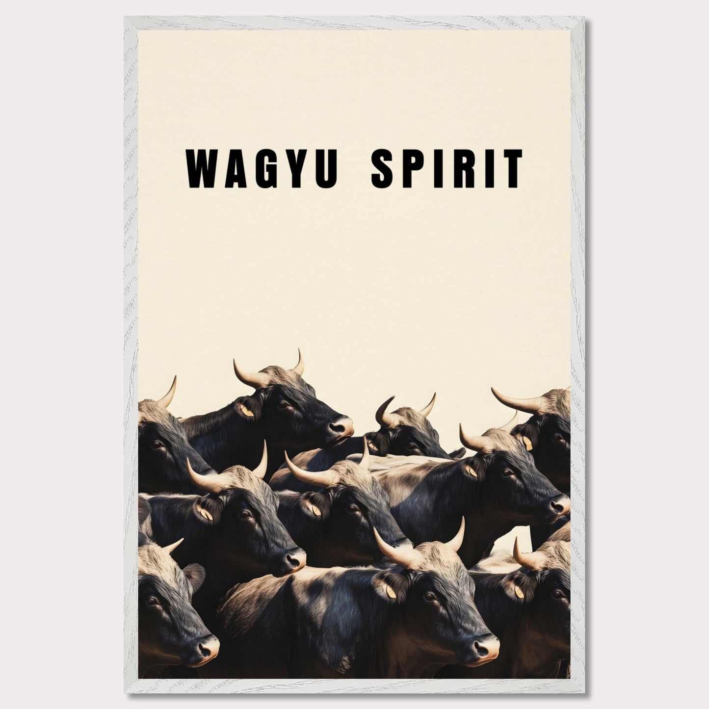 This illustration shows a group of black cattle with horns, set against a light background. The text "WAGYU SPIRIT" is prominently displayed at the top.
This poster will fit well in a kitchen, dining area, restaurant, or any space related to food and culinary arts.