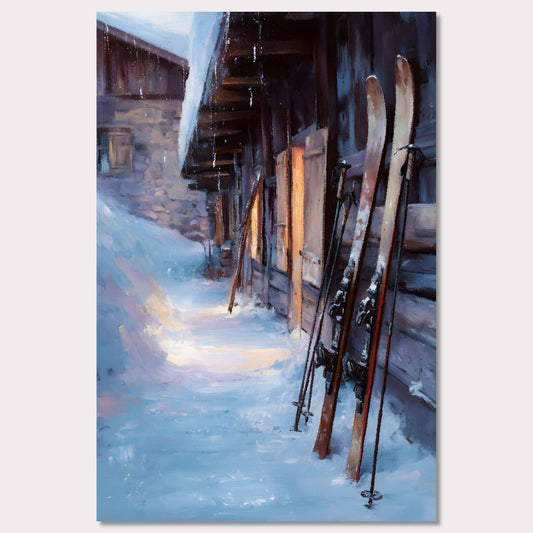Poster titled 'Skis by the Barn, Evening Descent' from ArtDarts