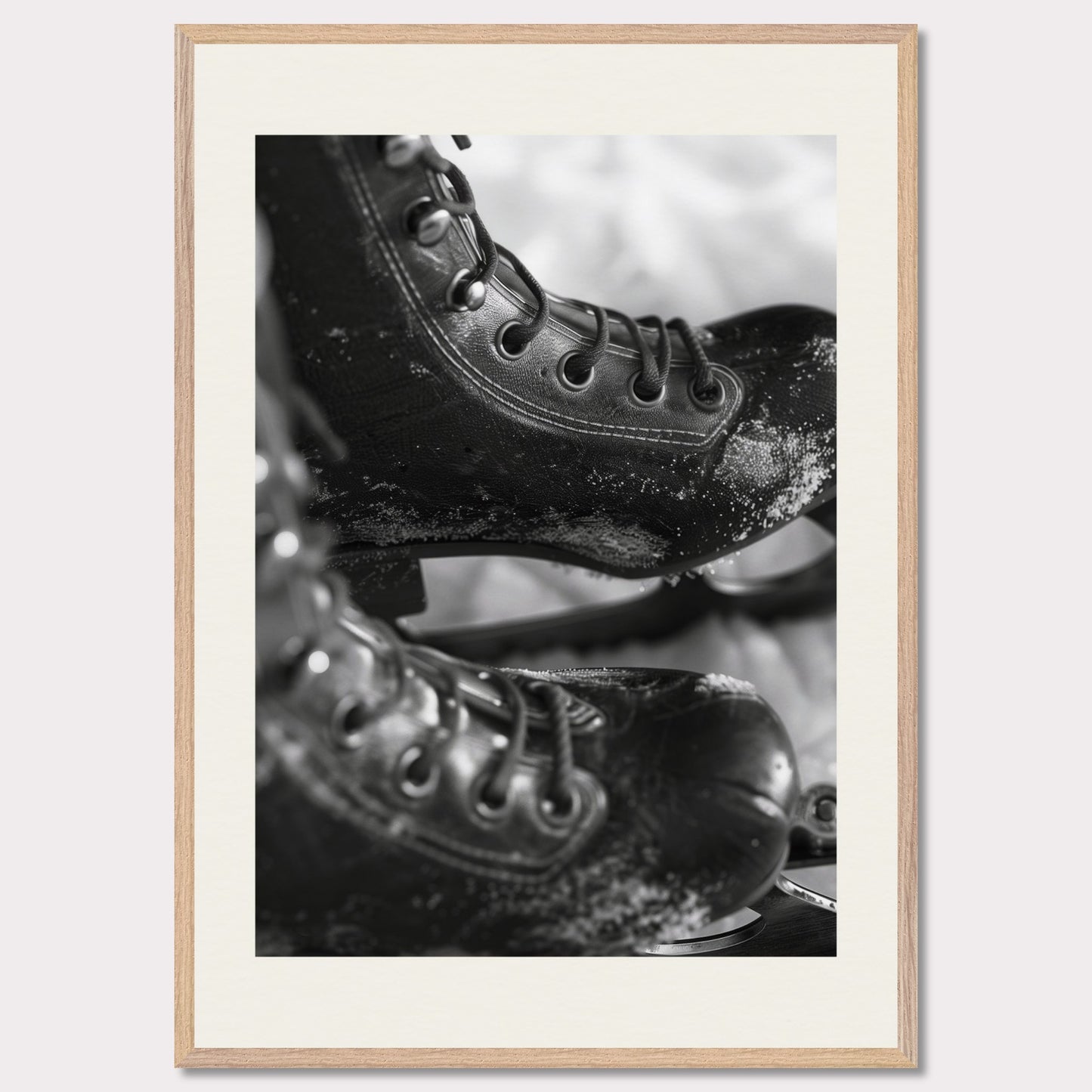 This illustration shows a close-up of a pair of ice skates with laces and blades, featuring a frosty texture. The black-and-white image captures the details of the skates, emphasizing their rugged and worn appearance.