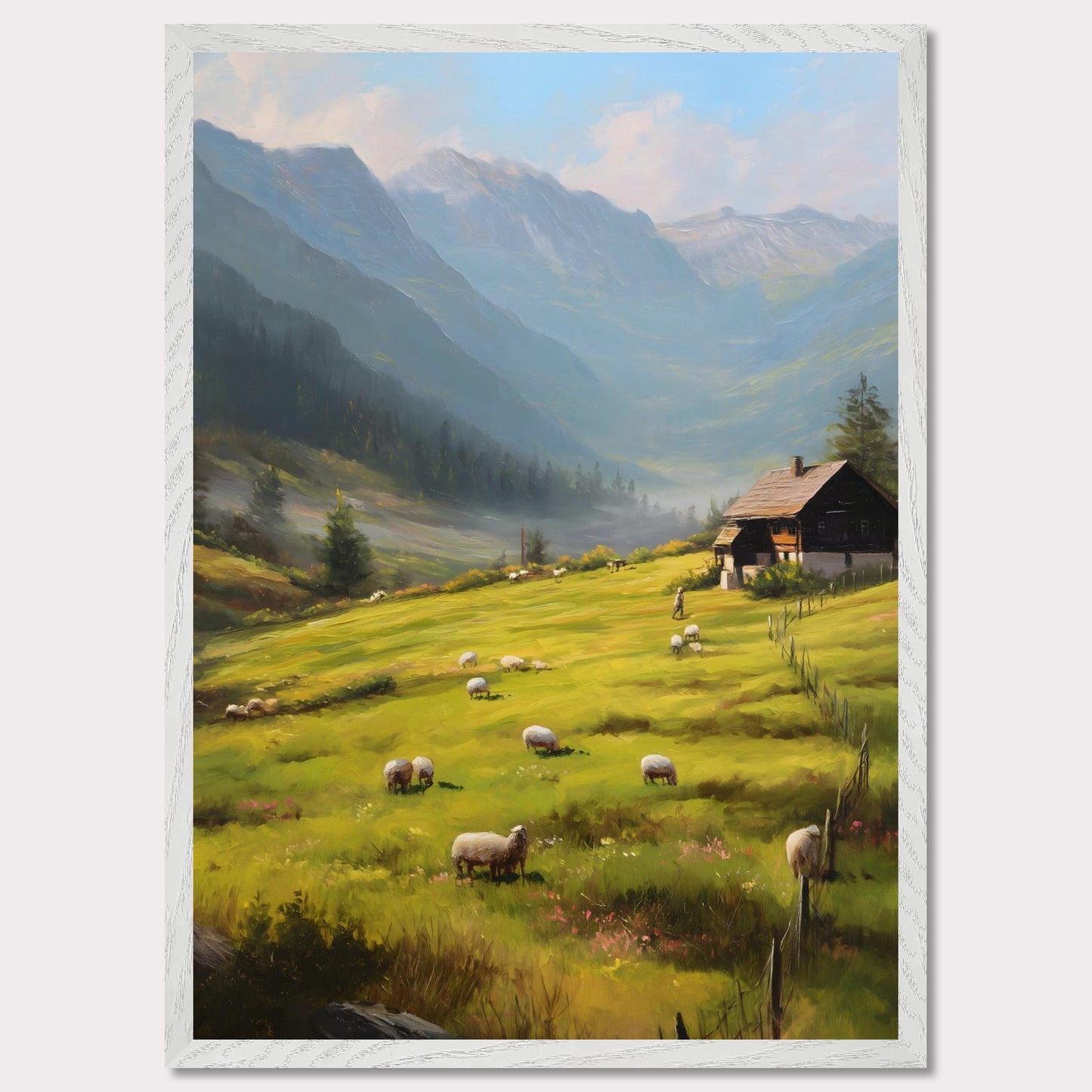 Golden morning light washes over rolling fields as sheep wander freely. A traditional alpine house stands quietly, facing the rising mist among distant peaks. This is the beginning of a calm, purposeful day in the heart of the Alps.