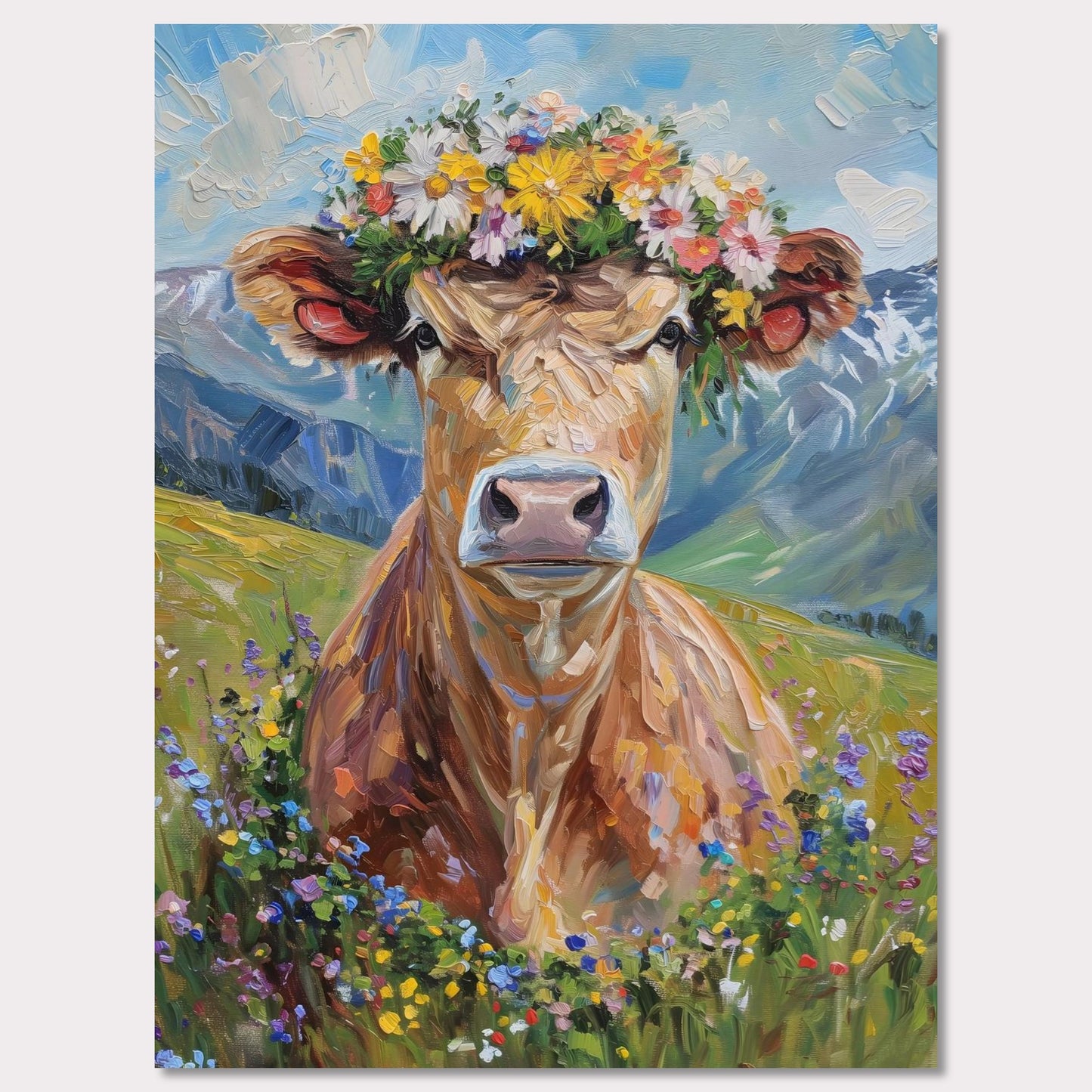 Poster titled 'Fluffy cow in a wreath Poster' from ArtDarts