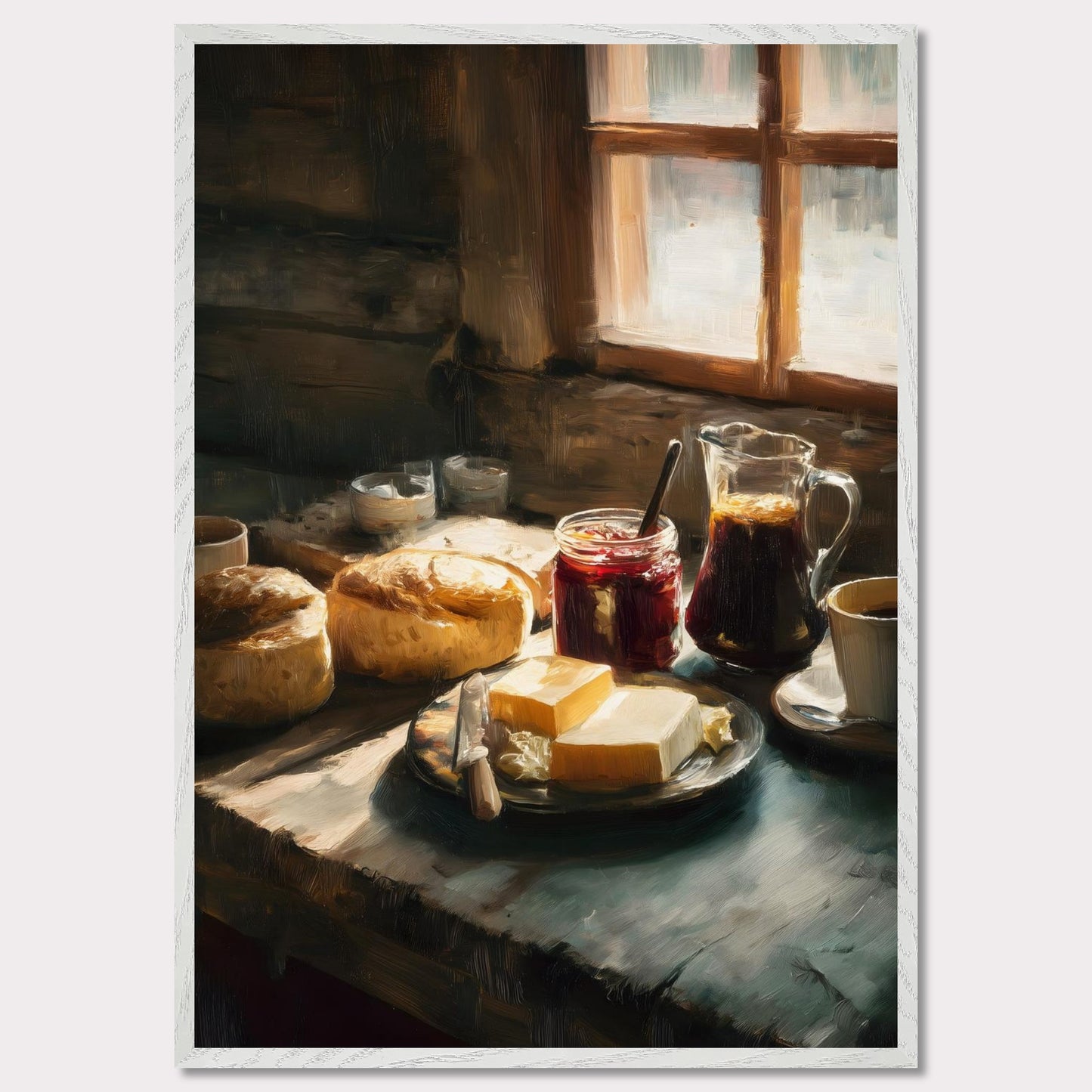 A rustic table holds fresh bread, butter, jam, and coffee beside a glowing window. Steam rises gently from the cup. This image is a quiet start, an ode to taste, ritual, and comfort.