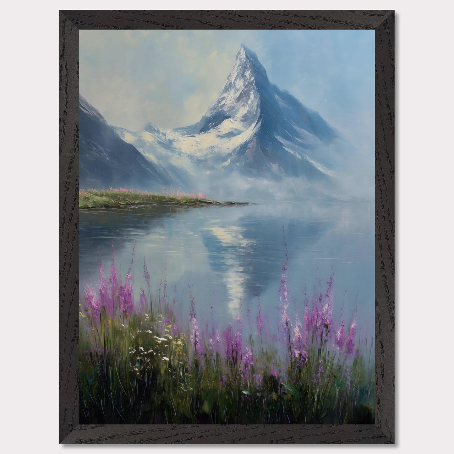 Snow-dusted Matterhorn rises over a lake fringed with fireweed in bloom. Reflections shimmer, colors merge in peace. This image is a mountain hush, an ode to bloom, ice, and awe.