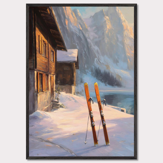 A pair of skis stand in fresh snow beside a sun-kissed alpine cabin. Behind, the cliffside glows in warm afternoon light, promising the end of a good day on the slopes. It’s a timeless scene — simple, balanced, and deeply alpine.