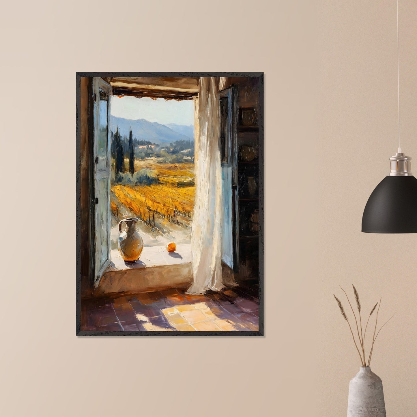 An open shutter reveals golden rows of vineyard glowing in afternoon light. A jug and fruit rest on the sill, as if waiting for someone to return. This image is a sunlit breath, an ode to harvest, pause, and place.