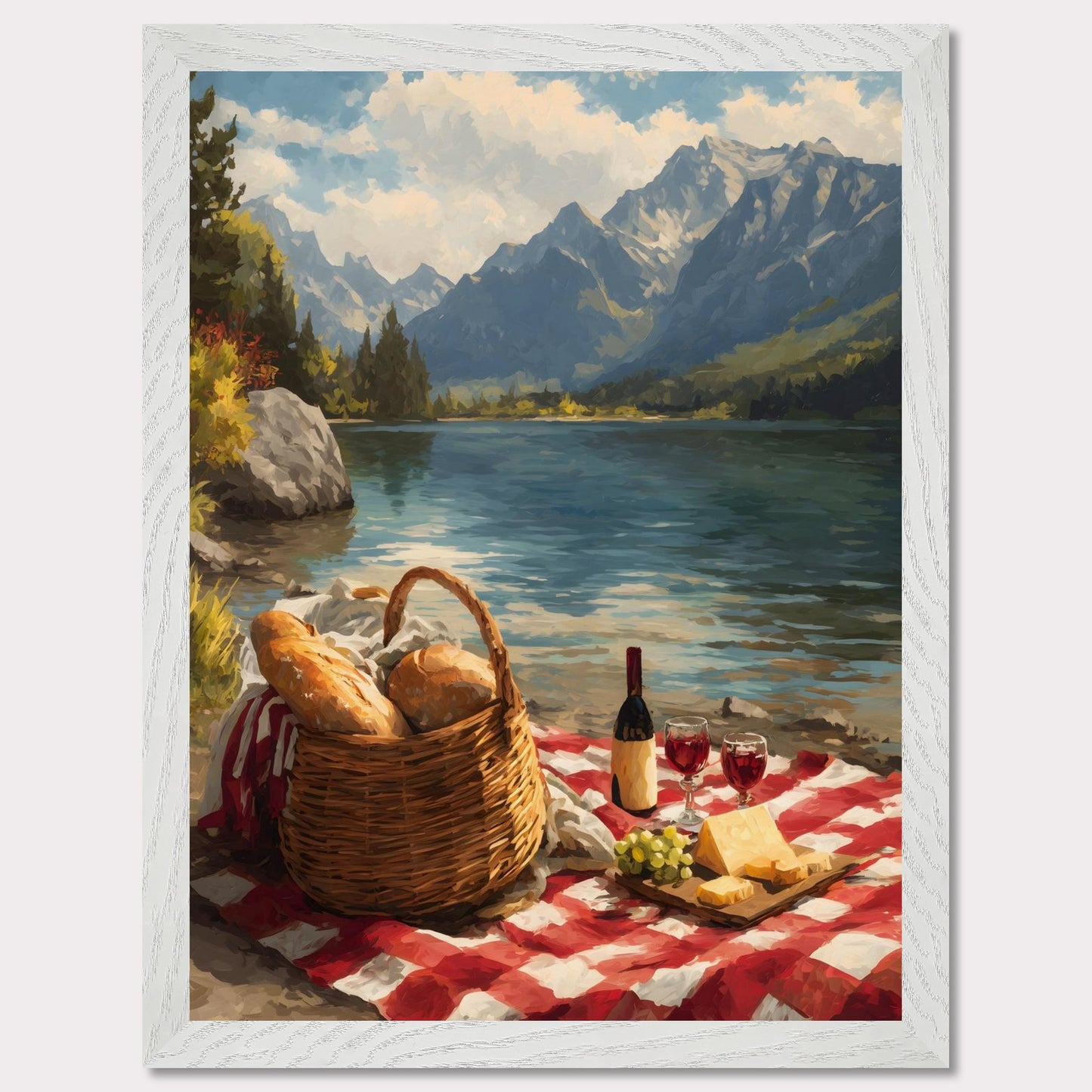 A checkered blanket lies beside a glistening lake, topped with fresh bread, wine, cheese, and grapes. Behind it all, towering mountains create a breathtaking backdrop. The scene celebrates indulgence, nature, and the timeless art of slowing down.