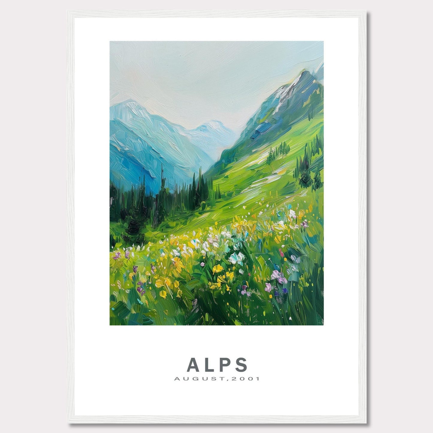 This beautiful framed artwork captures a vibrant and serene landscape of the Alps in August 2001. The painting showcases lush green mountains, colorful wildflowers, and a tranquil sky.