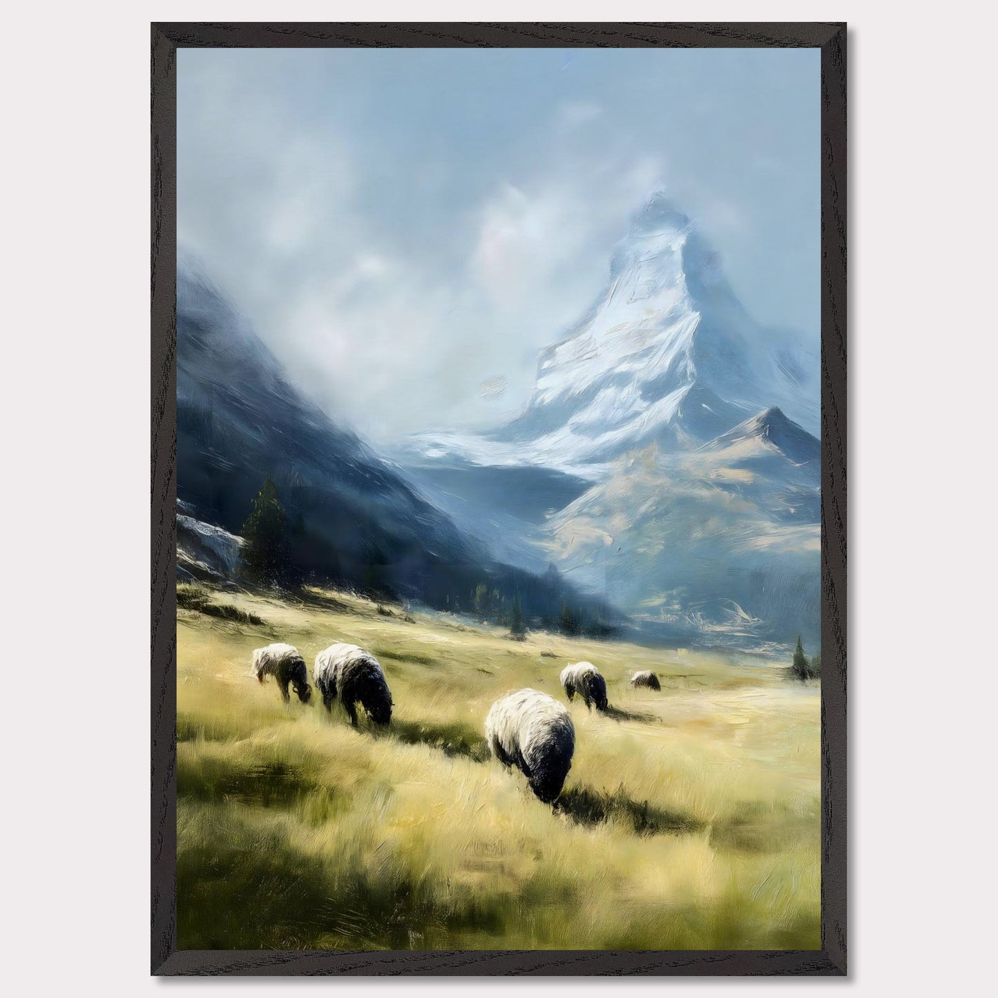 ec83995e-be6f-4abb-b41c-cad22dIn the shadow of the Matterhorn, sheep graze peacefully on sunlit fields. This pastoral scene blends the grandeur of the Alps with the charm of rural life. The softness of the animals and golden grass contrasts beautifully with the snow-covered majesty above.8a02bf