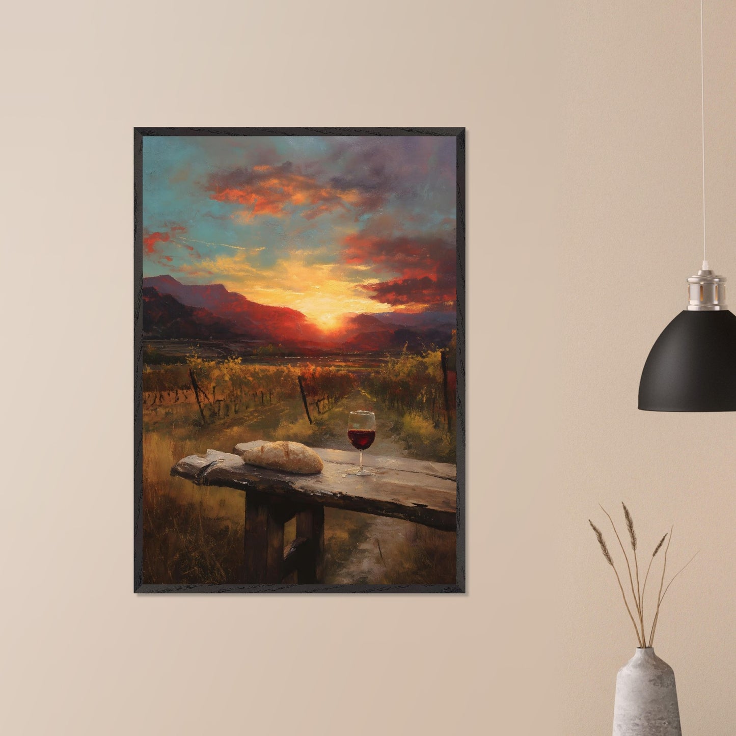 A vineyard stretches toward a fiery sunset, with a rustic table in the foreground holding a loaf and a glass of wine. The landscape glows in rich ambers and reds — a toast to simplicity and warmth.