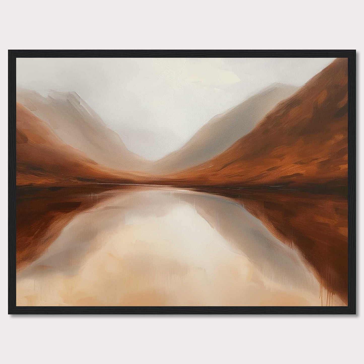 This captivating painting showcases a serene landscape with misty mountains reflected in a calm lake. The earthy tones of the mountains blend seamlessly with the soft, cloudy sky, creating a tranquil and harmonious scene.