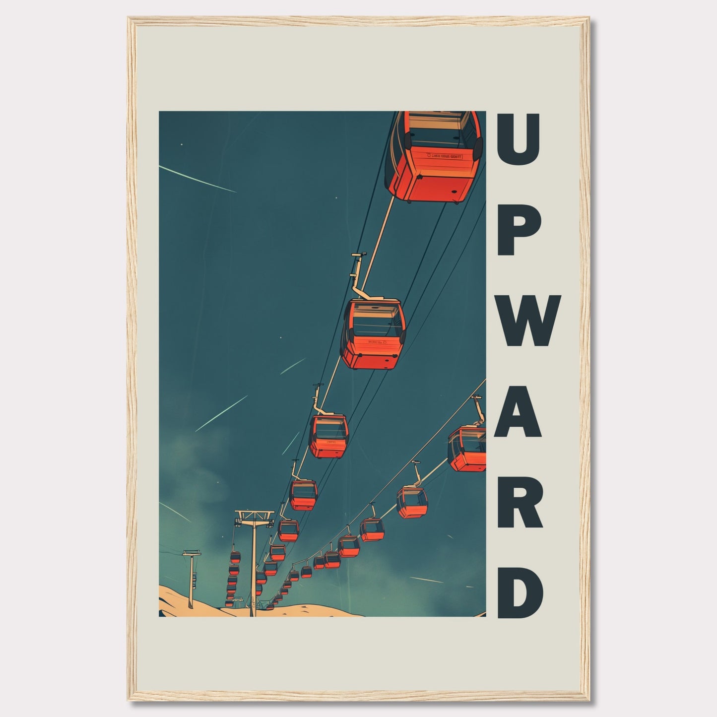 This striking artwork features a series of red cable cars ascending into a deep blue sky, evoking a sense of adventure and upward momentum. The word "UPWARD" is boldly displayed along the right side, reinforcing the theme of progress and elevation.