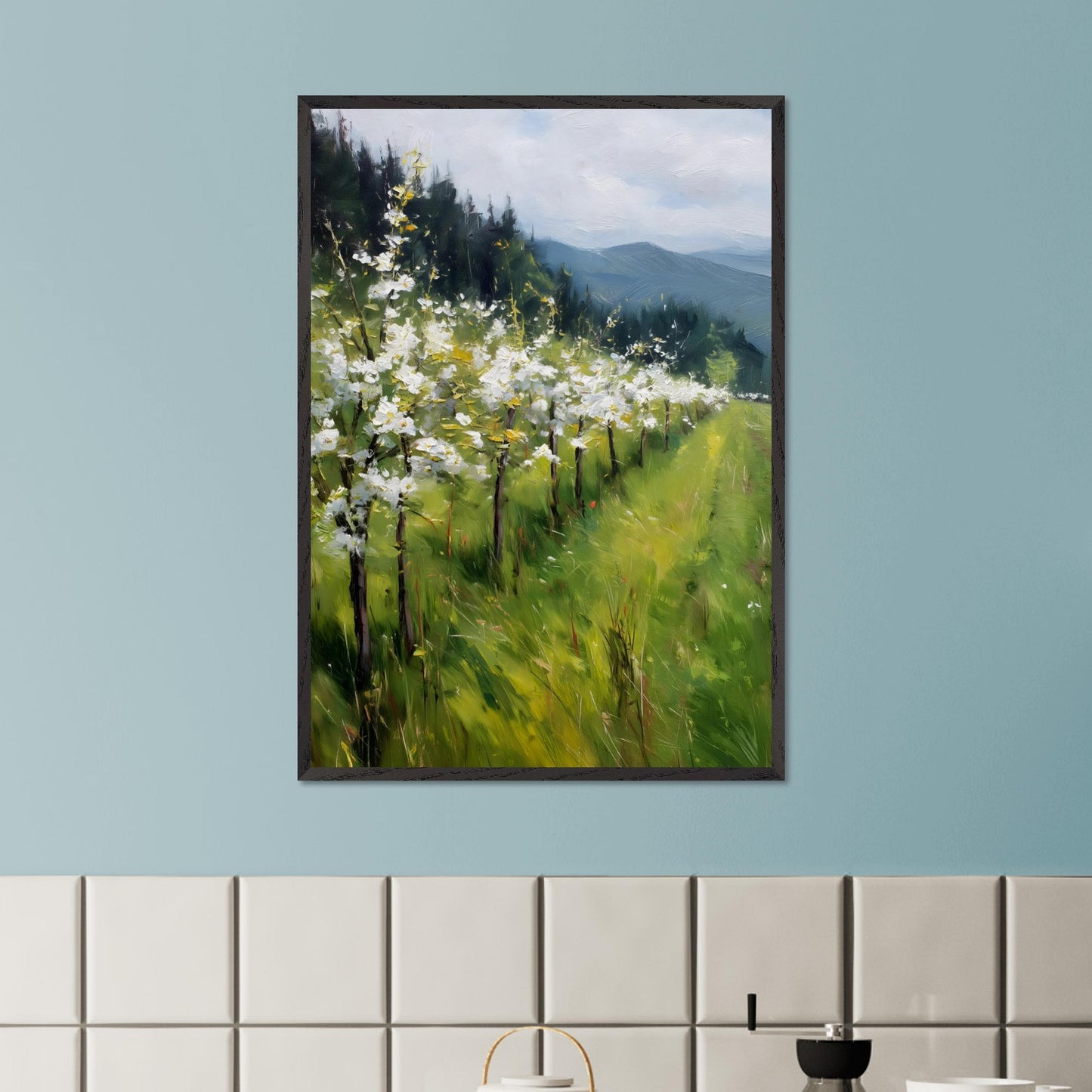 Blossoming trees line a sloped meadow, shining with spring energy. Their petals catch the light like snowflakes, while behind them rise forested hills and soft mountain silhouettes. The air feels fresh, alive, and full of renewal.