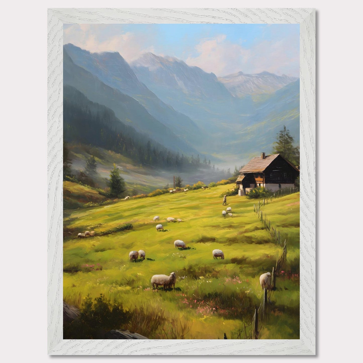 Golden morning light washes over rolling fields as sheep wander freely. A traditional alpine house stands quietly, facing the rising mist among distant peaks. This is the beginning of a calm, purposeful day in the heart of the Alps.