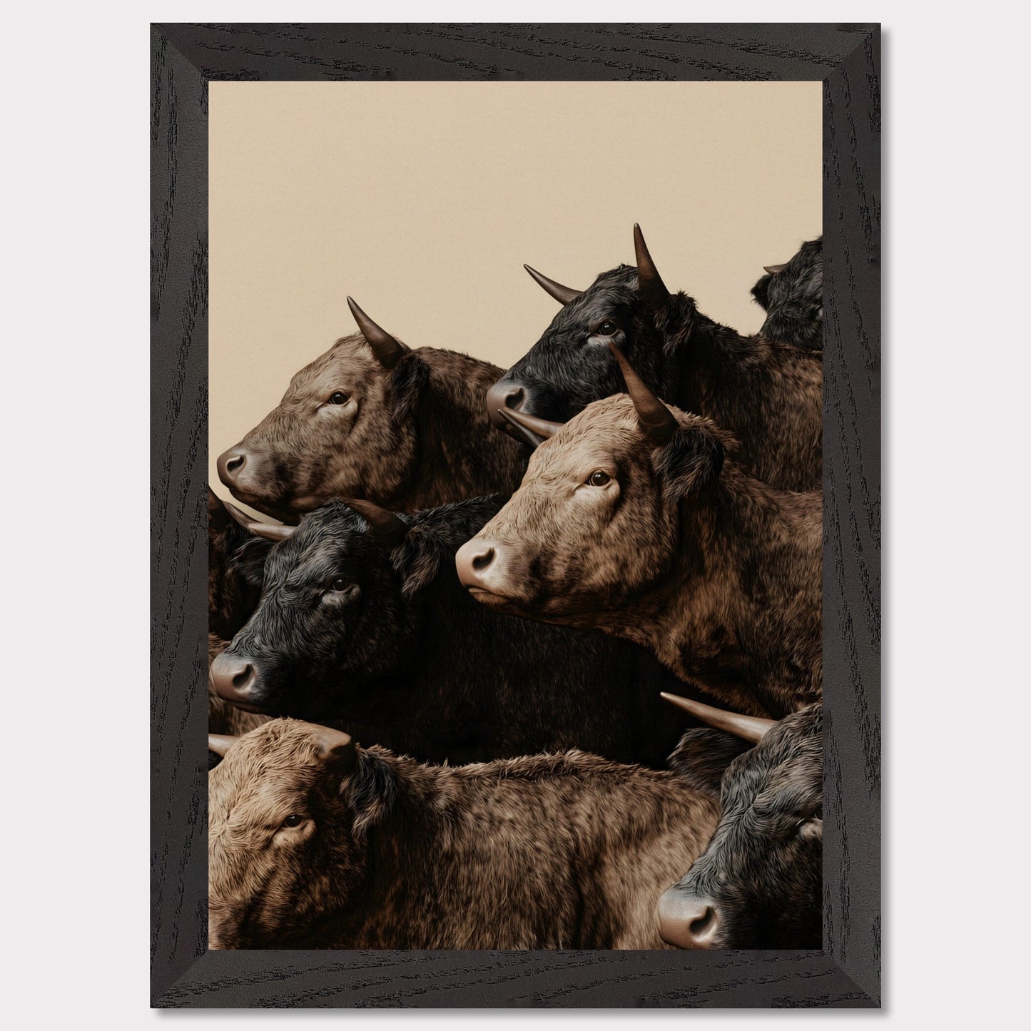 This illustration depicts a group of oxen with varying shades of brown and black fur, closely packed together against a plain beige background.
This poster will fit well in rustic or farmhouse-style interiors, animal-themed spaces, or art collections focusing on wildlife.