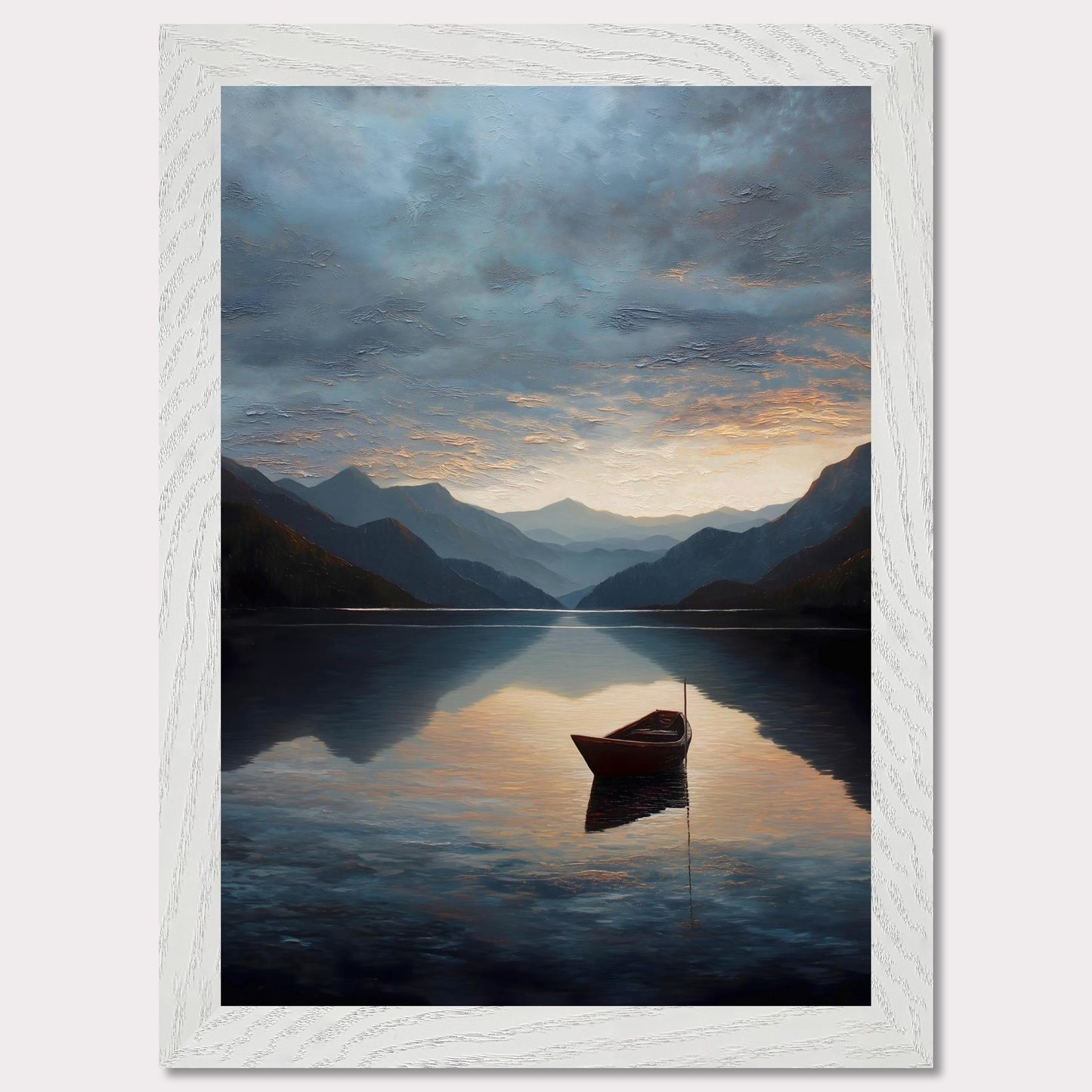 A single red boat floats gently on a vast, darkening lake as mountains fade into layered blues. The sunset brushes the clouds and water with soft amber and grey. A perfect study in stillness, solitude, and awe.