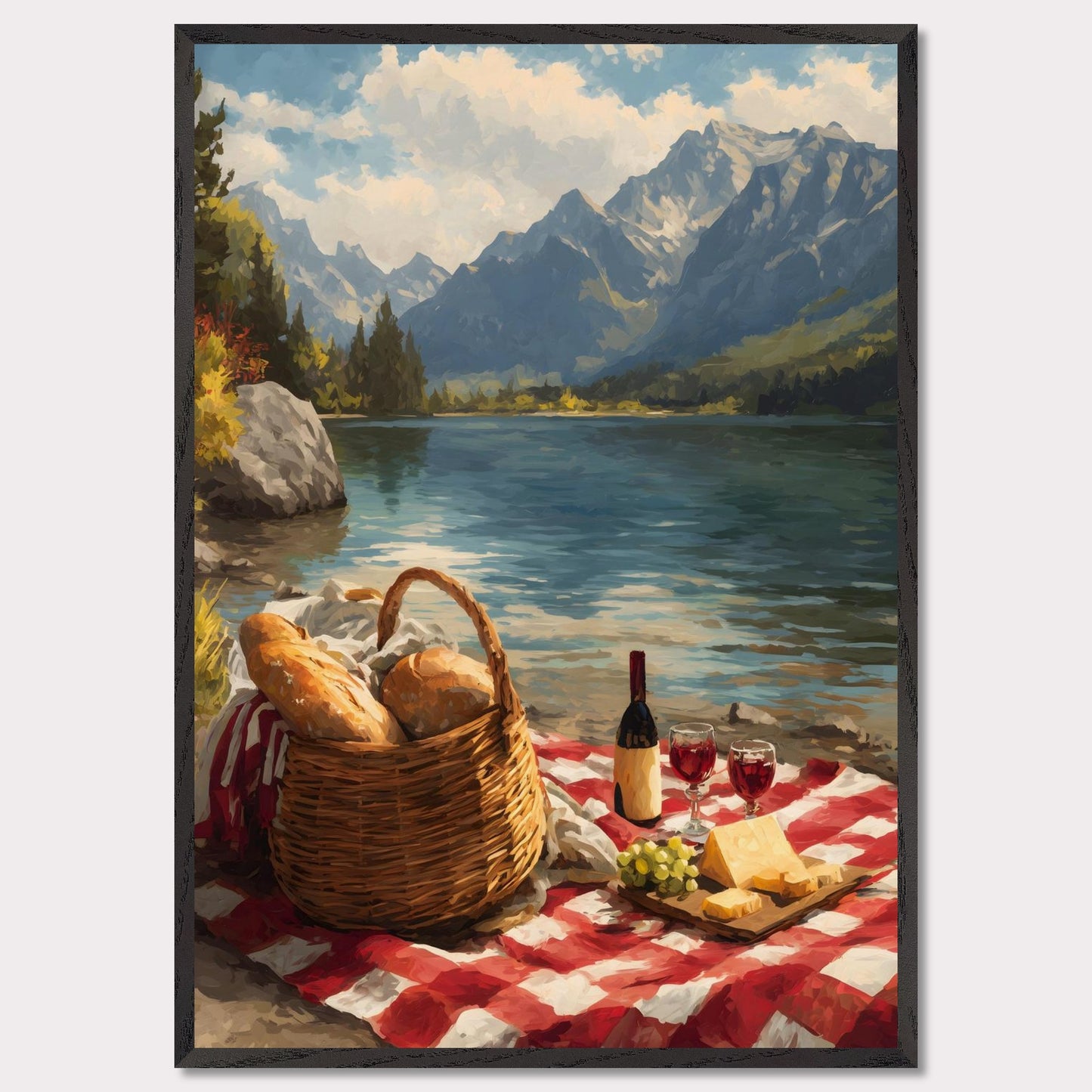 A checkered blanket lies beside a glistening lake, topped with fresh bread, wine, cheese, and grapes. Behind it all, towering mountains create a breathtaking backdrop. The scene celebrates indulgence, nature, and the timeless art of slowing down.