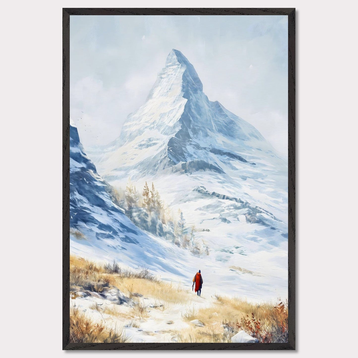 A solitary traveler in red walks toward a towering alpine peak, its icy edges kissed by winter sun. The snow-laced slope opens to a vast, crystalline silence, where motion feels reverent. This image captures the awe of ascent — a tribute to scale, solitude, and stillness.
