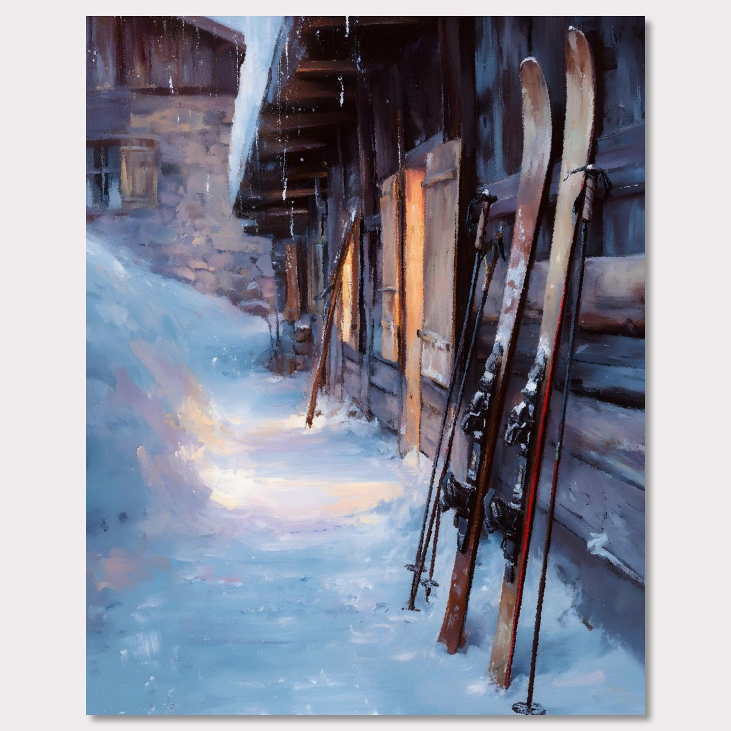 Poster titled 'Skis by the Barn, Evening Descent' from ArtDarts