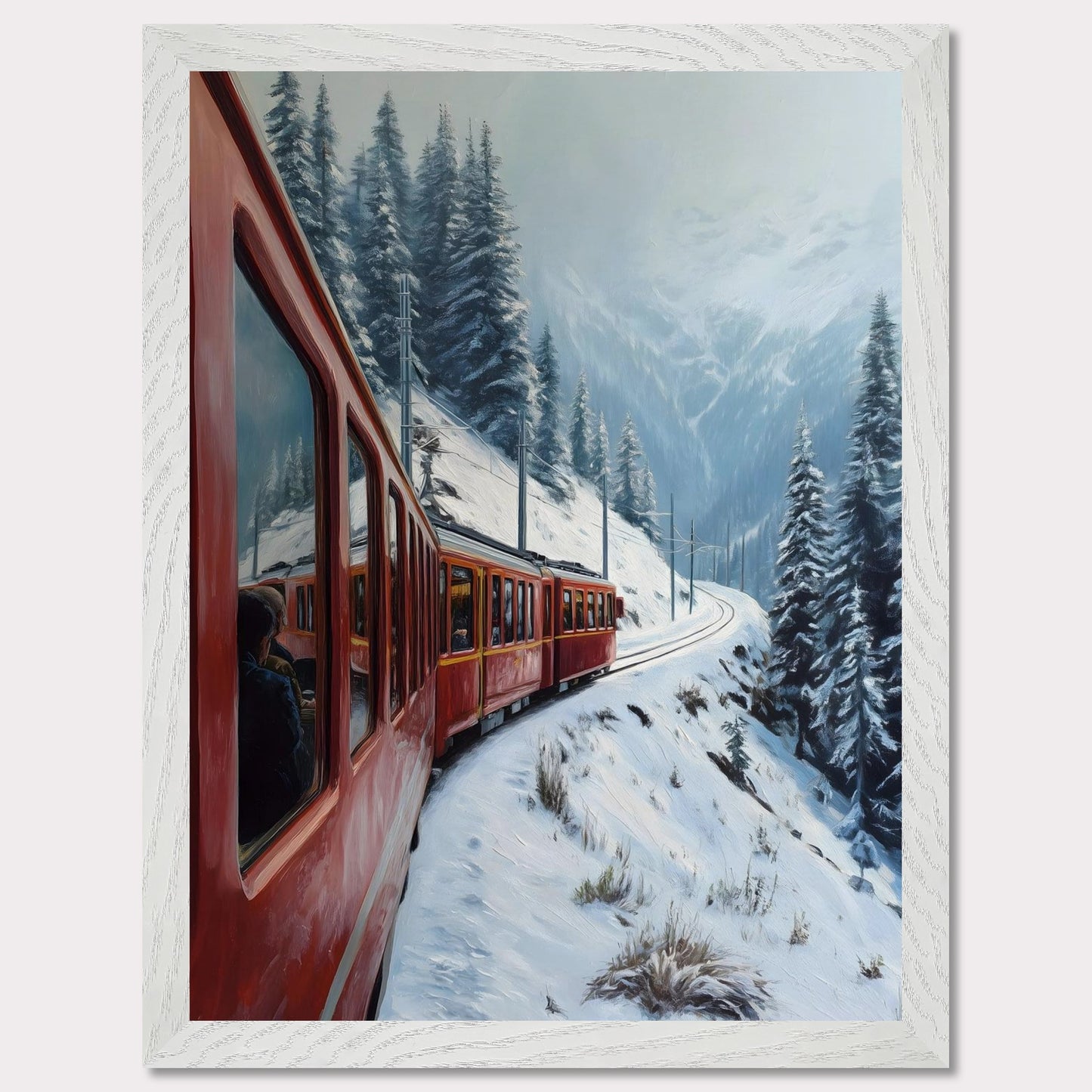 A red alpine train rounds a snow-covered bend, threading between pine-clad slopes and winter valleys. Reflections in the windows hint at warm journeys through a frozen world. This image hums with motion and memory — an homage to travel, contrast, and time.
