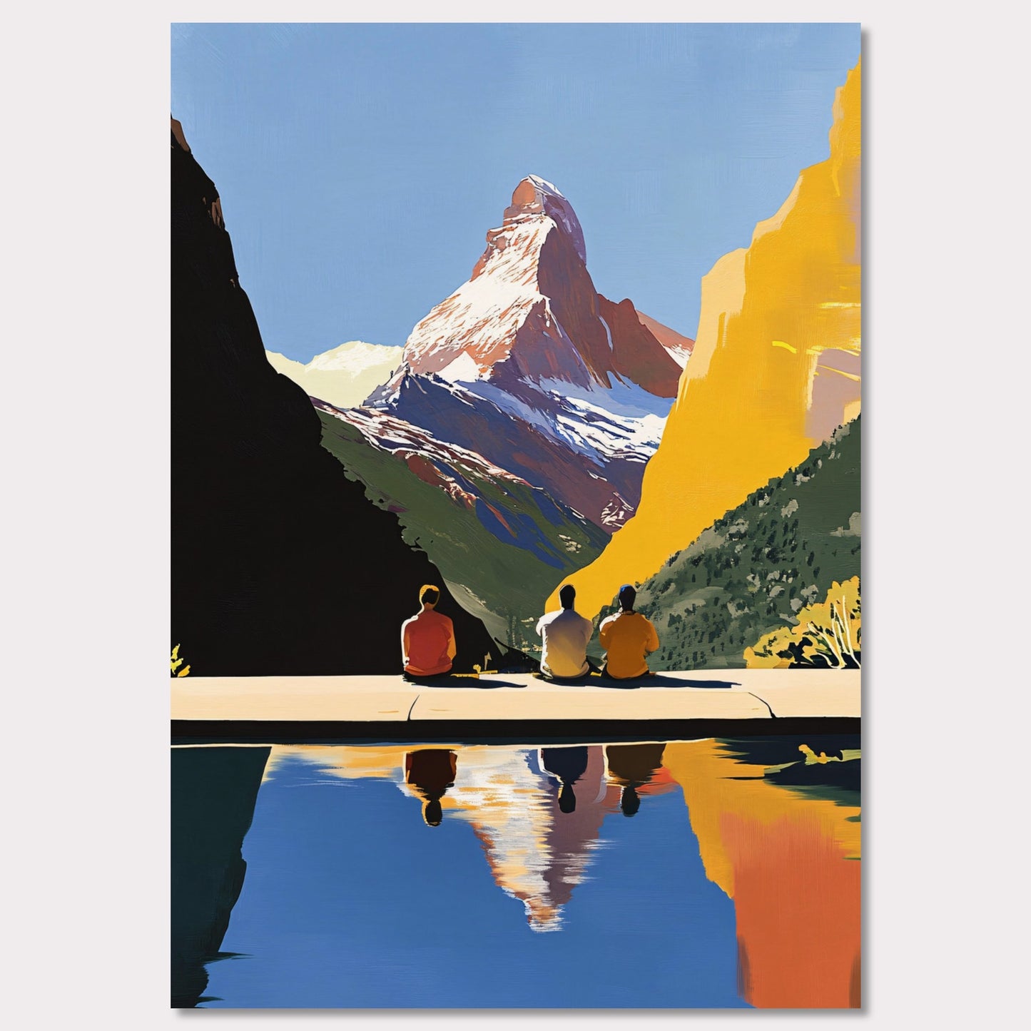 This poster takes us on a serene retreat to the breathtaking landscapes of the Swiss Alps, with the iconic Matterhorn standing proudly as the centerpiece. Three figures sit quietly at the edge of a calm reflecting pool, their silhouettes harmonizing with the tranquility of the setting. The vivid contrast of golden mountainsides, lush greenery, and the deep blue sky reflects the beauty of untouched nature. This artwork captures the essence of reflection, connection, and the majesty of alpine surroundings.