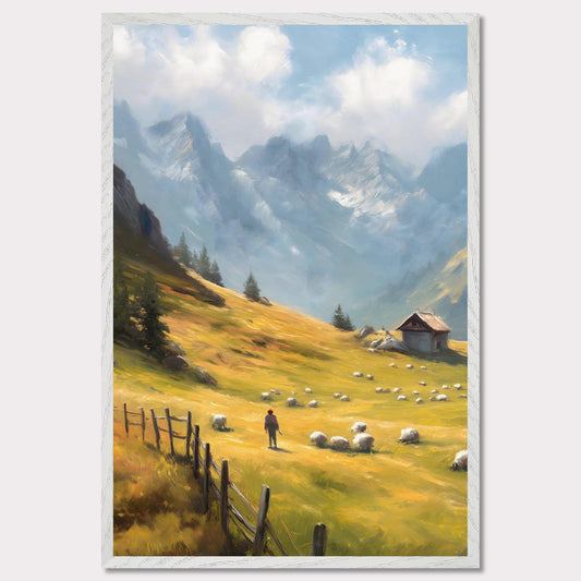 A shepherd tends his flock in a golden mountain pasture, surrounded by dramatic peaks and old-world charm. The wooden fence and cabin speak of a slower, enduring lifestyle. Bathed in warm light, this image transports viewers to a timeless Alpine morning.