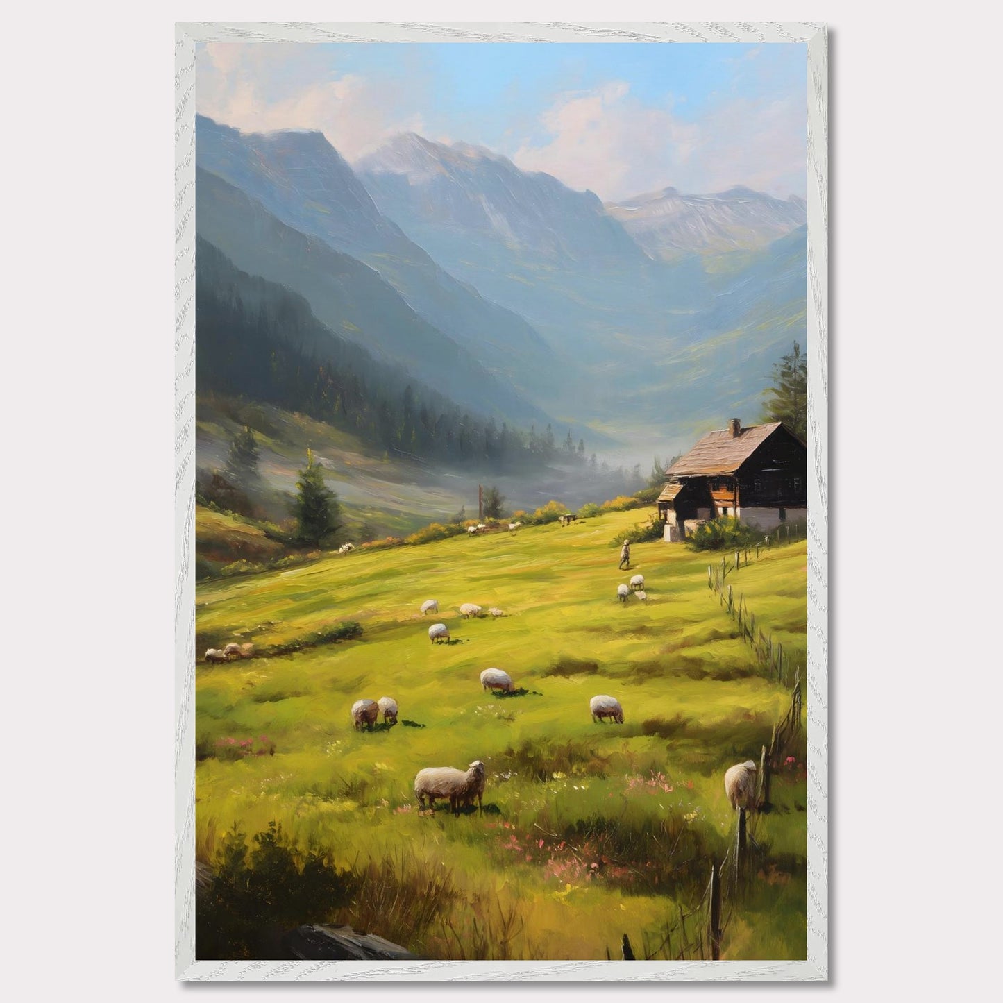 Golden morning light washes over rolling fields as sheep wander freely. A traditional alpine house stands quietly, facing the rising mist among distant peaks. This is the beginning of a calm, purposeful day in the heart of the Alps.
