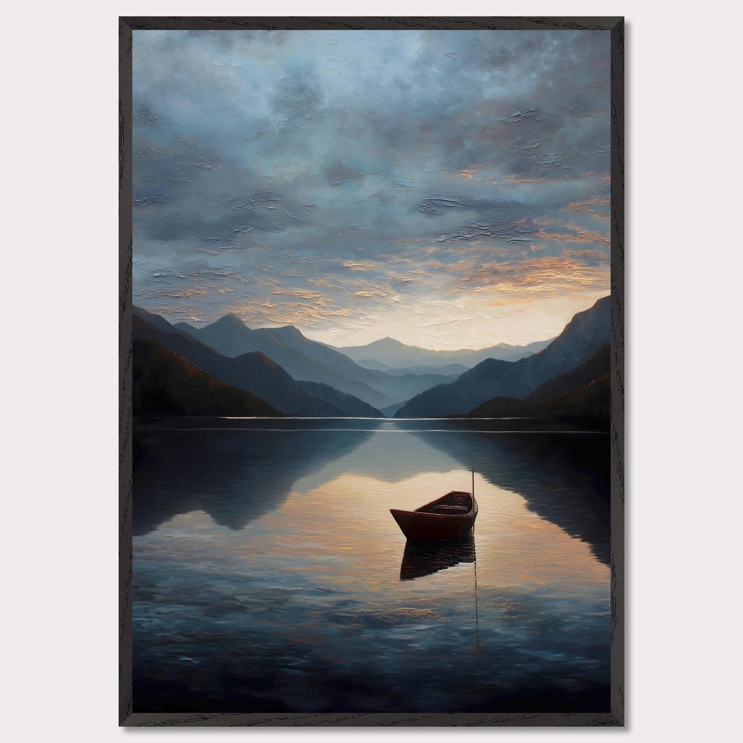A single red boat floats gently on a vast, darkening lake as mountains fade into layered blues. The sunset brushes the clouds and water with soft amber and grey. A perfect study in stillness, solitude, and awe.