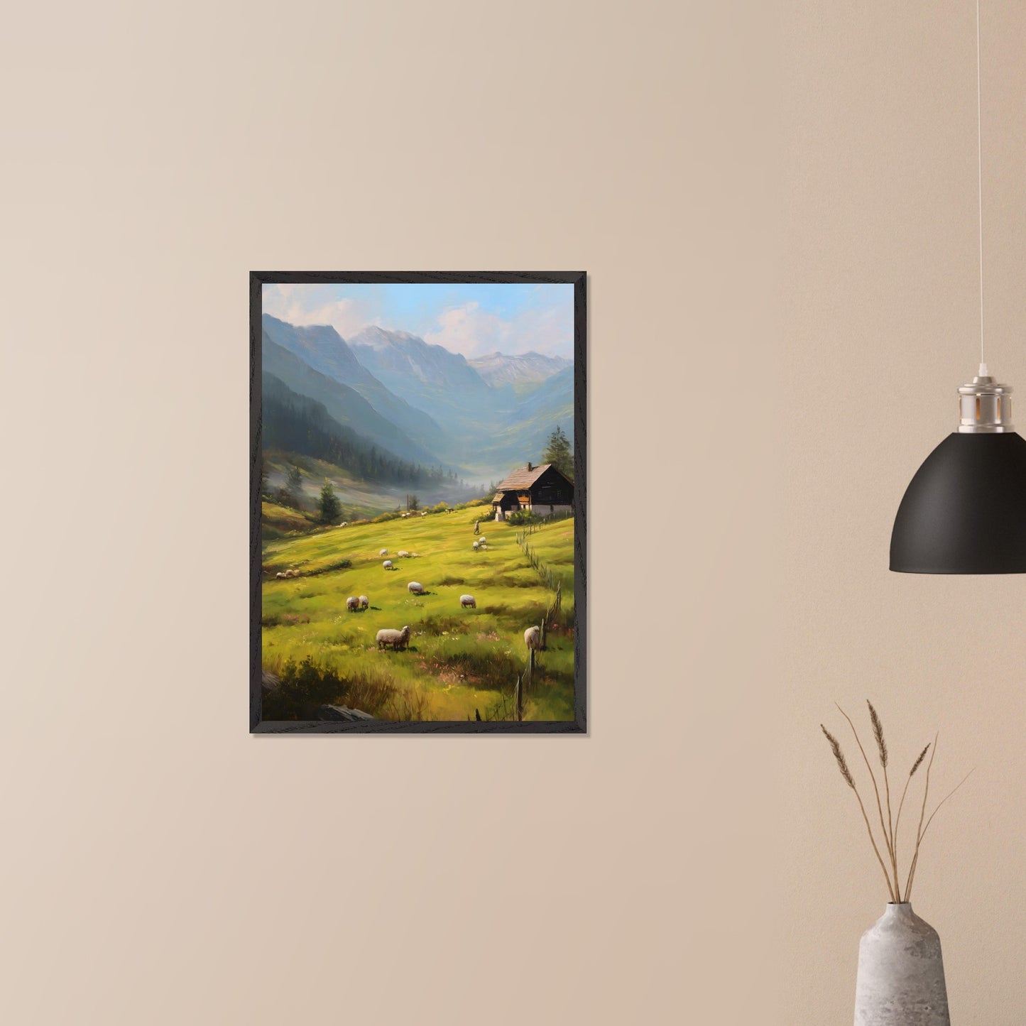 Golden morning light washes over rolling fields as sheep wander freely. A traditional alpine house stands quietly, facing the rising mist among distant peaks. This is the beginning of a calm, purposeful day in the heart of the Alps.