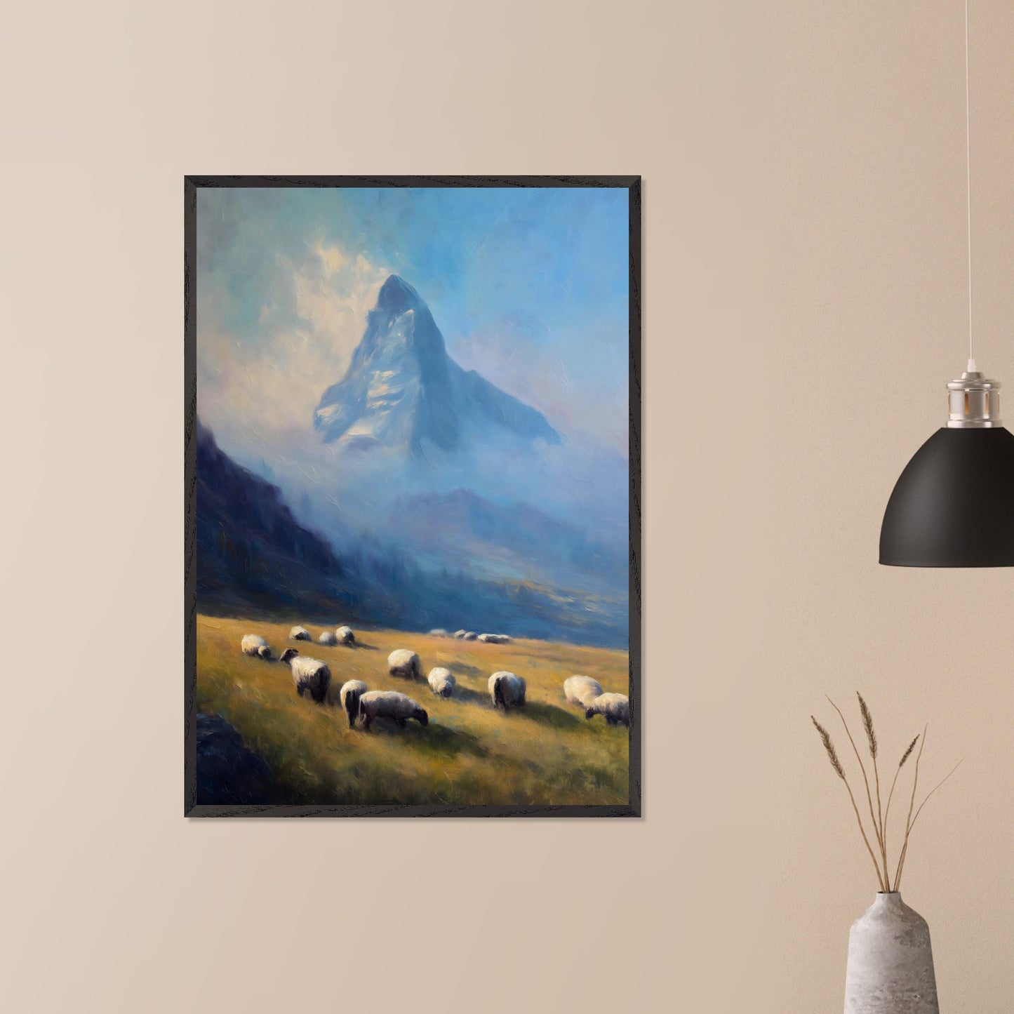 A flock grazes in soft alpine grass as the blue-shadowed Matterhorn rises beyond. Mist curls through the valley’s hush. This image is a gentle morning, an ode to scale, quiet, and presence.