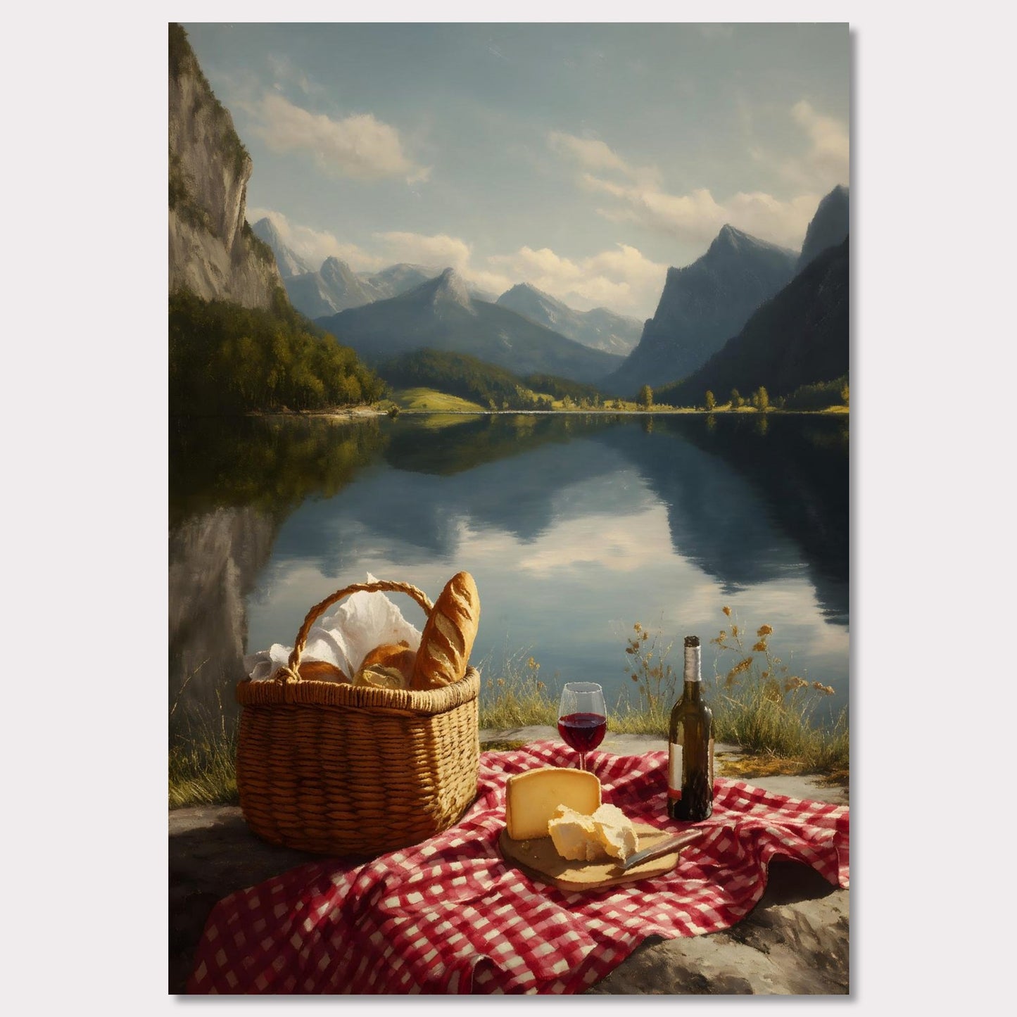 Not a ripple on the lake. The peaks and sky reflect with absolute clarity. A picnic waits untouched, surrounded by silence and stillness. This is more than a moment — it’s a meditation on presence, balance, and beauty.