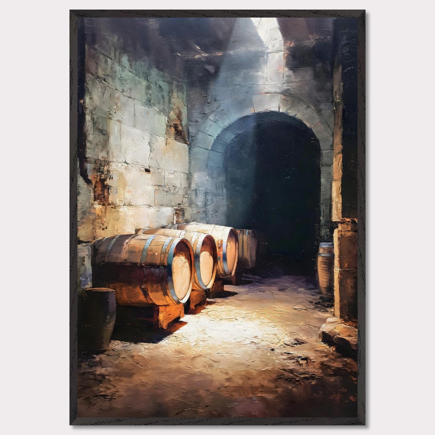 Wooden wine barrels line the stone walls of a cool alpine cellar, lit by a shaft of light from above. The silence is thick and cool. This image is a breath beneath the surface, an ode to age, earth, and time.