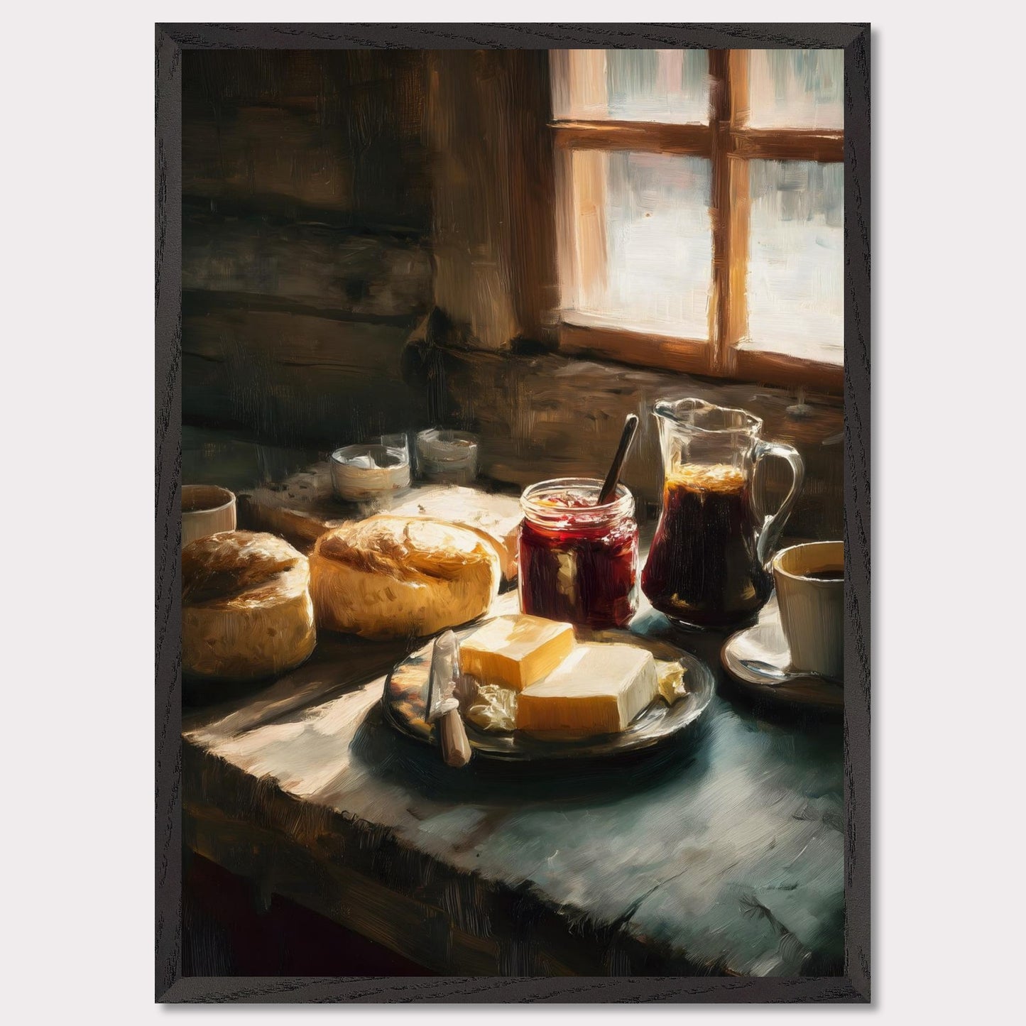 A rustic table holds fresh bread, butter, jam, and coffee beside a glowing window. Steam rises gently from the cup. This image is a quiet start, an ode to taste, ritual, and comfort.