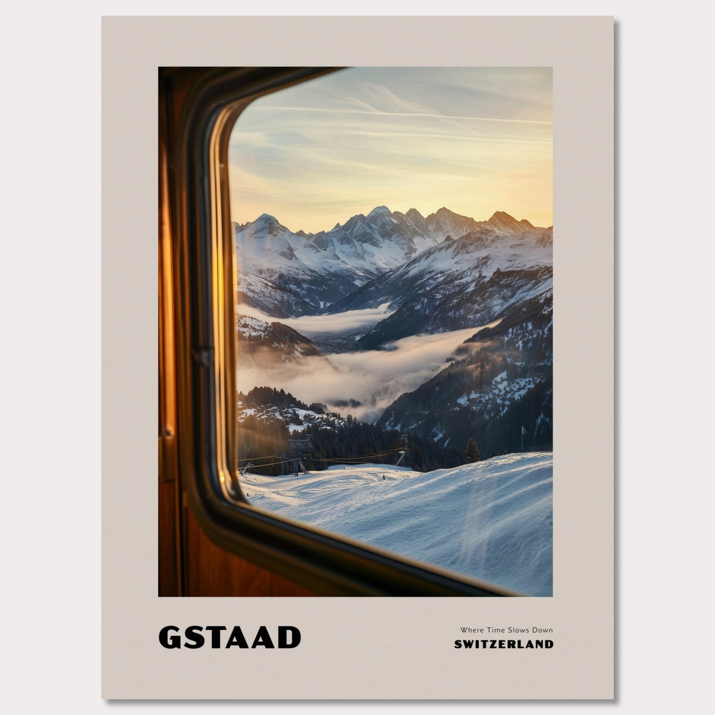 Poster titled 'GSTAAD. Where Time Slows Down' from ArtDarts