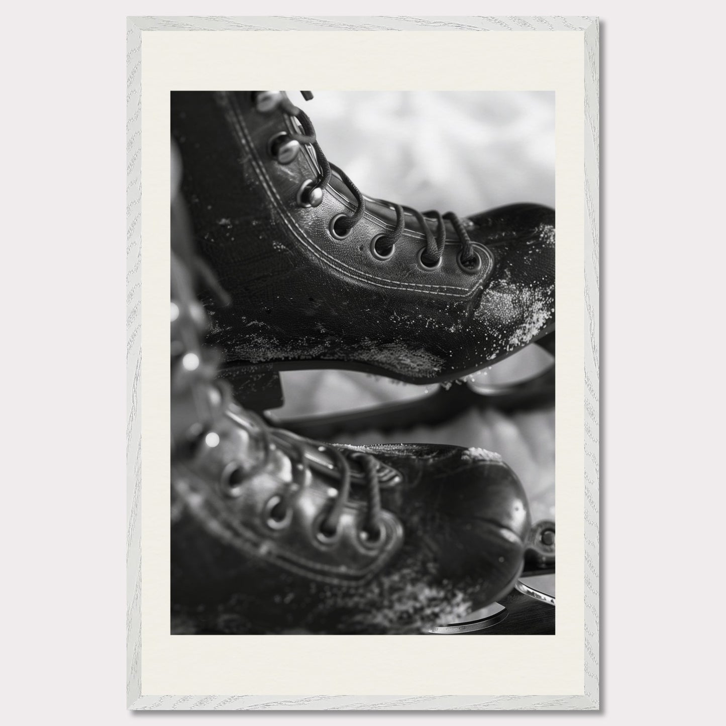 This illustration shows a close-up of a pair of ice skates with laces and blades, featuring a frosty texture. The black-and-white image captures the details of the skates, emphasizing their rugged and worn appearance.
