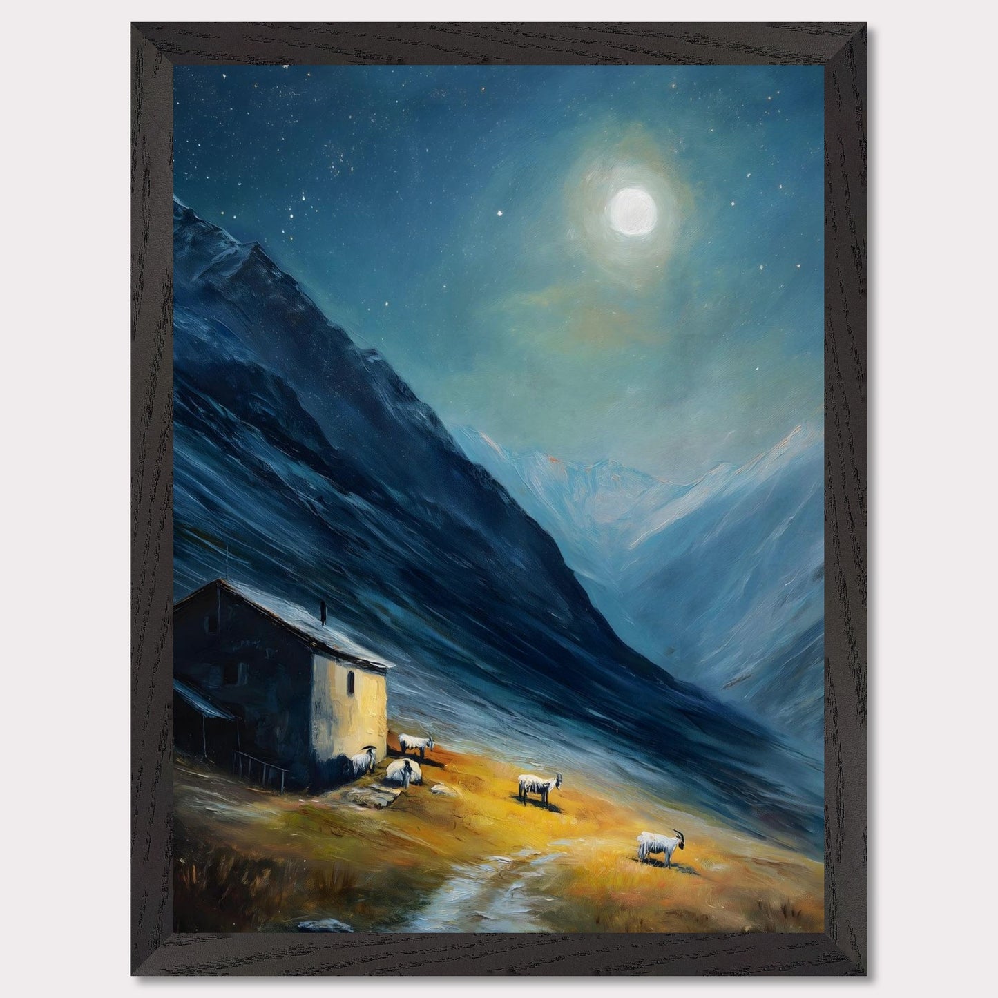 Nestled between dramatic cliffs, a single farmhouse glows under a sky heavy with storm and sun. The valley holds its breath — clouds swirl above while the earth remains grounded, golden, and still. This is a refuge at the edge of wildness.