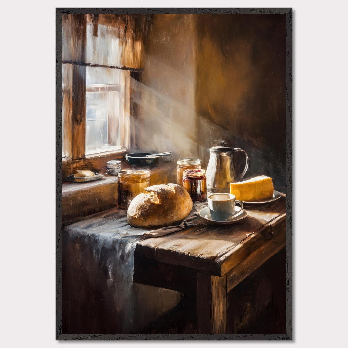 A shaft of morning light breaks across an old table set for one: bread, coffee, and preserves. The cloth catches its edge. This image is a sacred quiet, an ode to morning solitude and sun.