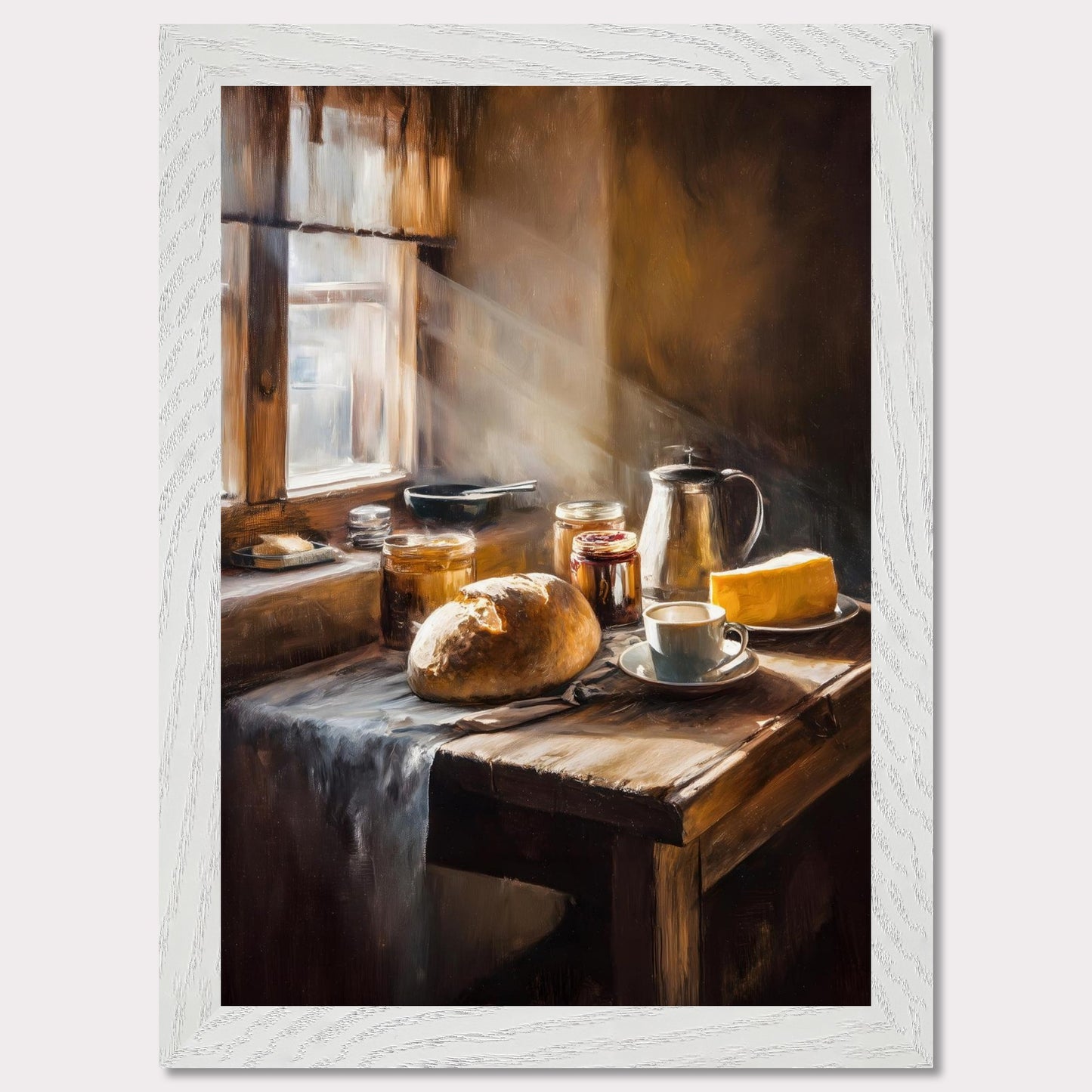 A shaft of morning light breaks across an old table set for one: bread, coffee, and preserves. The cloth catches its edge. This image is a sacred quiet, an ode to morning solitude and sun.