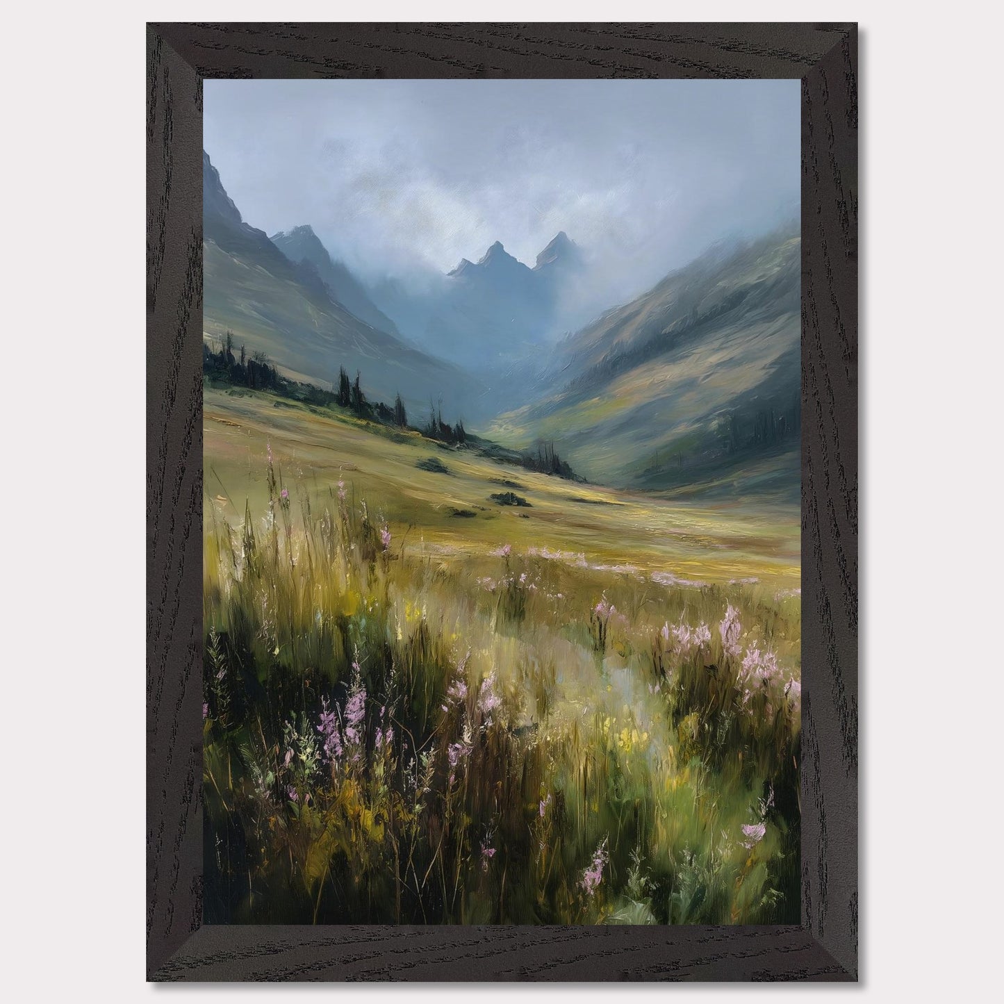 A field of tall alpine grass and soft purple blooms unfolds into misty blue peaks. There's no sign of movement, only the gentle hush of nature breathing. The scene is vast, untamed, and filled with the quiet promise of summer in the highlands.