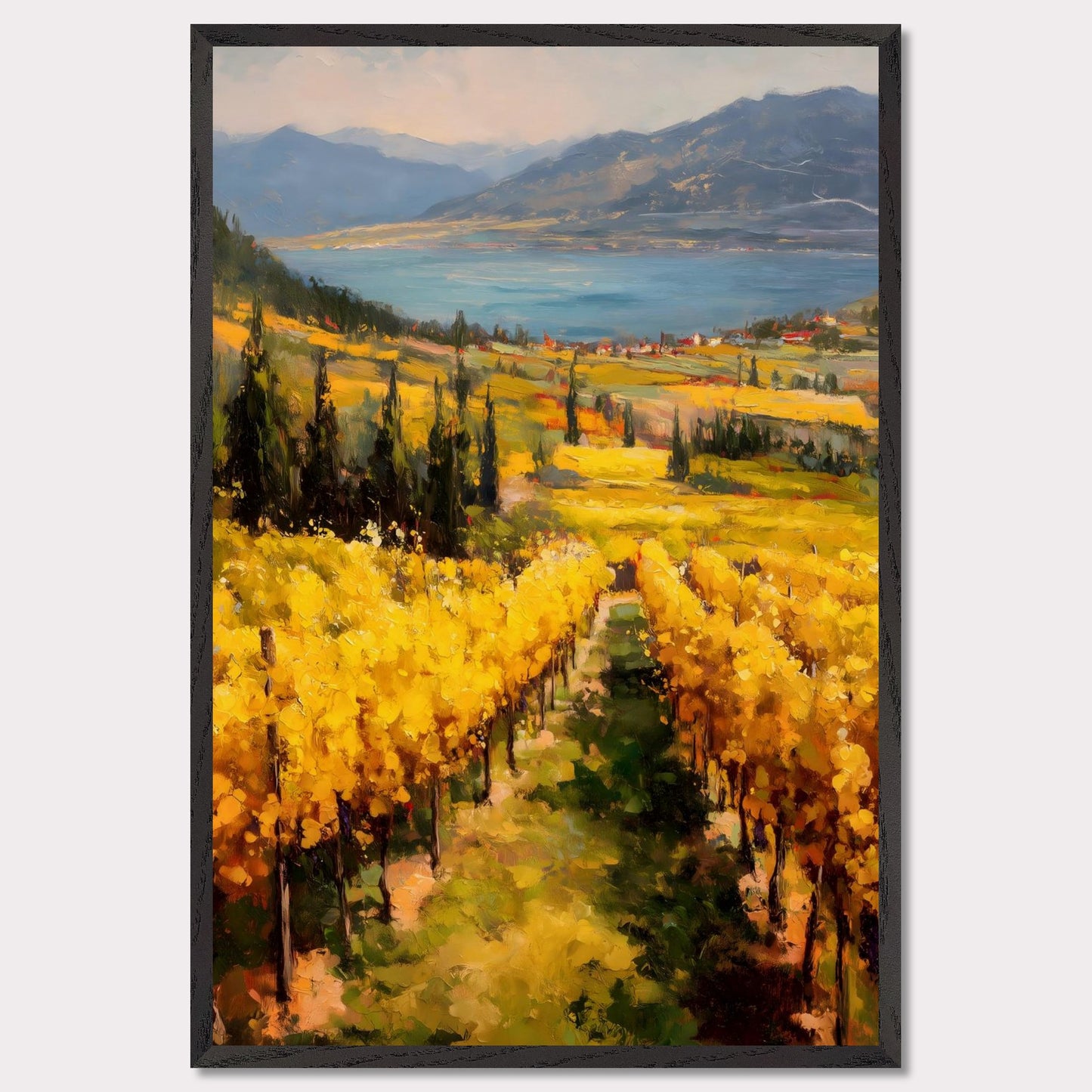 A row of sunlit grapevines leads into rolling fields above the lake. Cypress trees and red roofs add rhythm to the patchwork. This image is a painter’s geometry, an ode to land, season, and order.